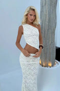 Sheer Lace One Shoulder Crop Top Ruched Midi Skirt Set