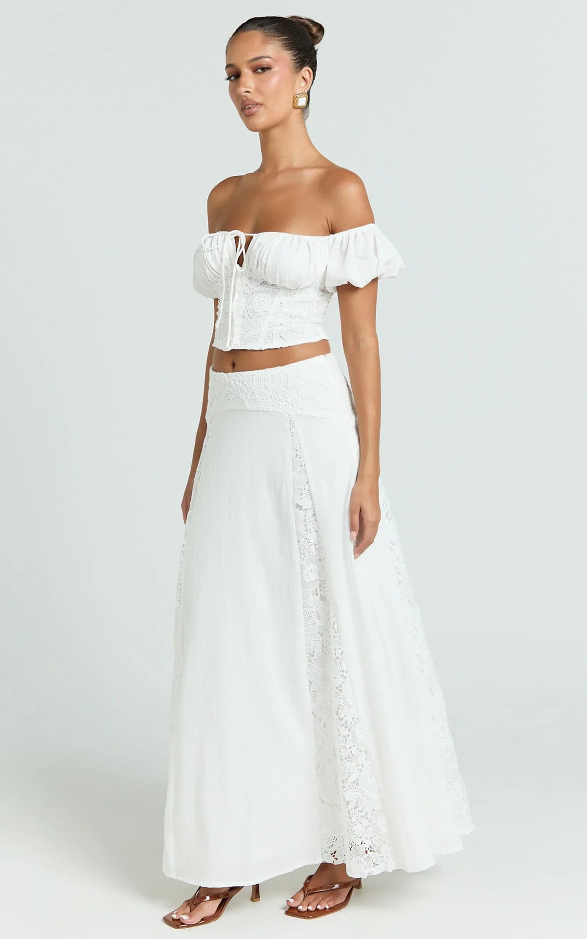 Belle Two Piece Set - Off Shoulder Top and Maxi Skirt Set in White