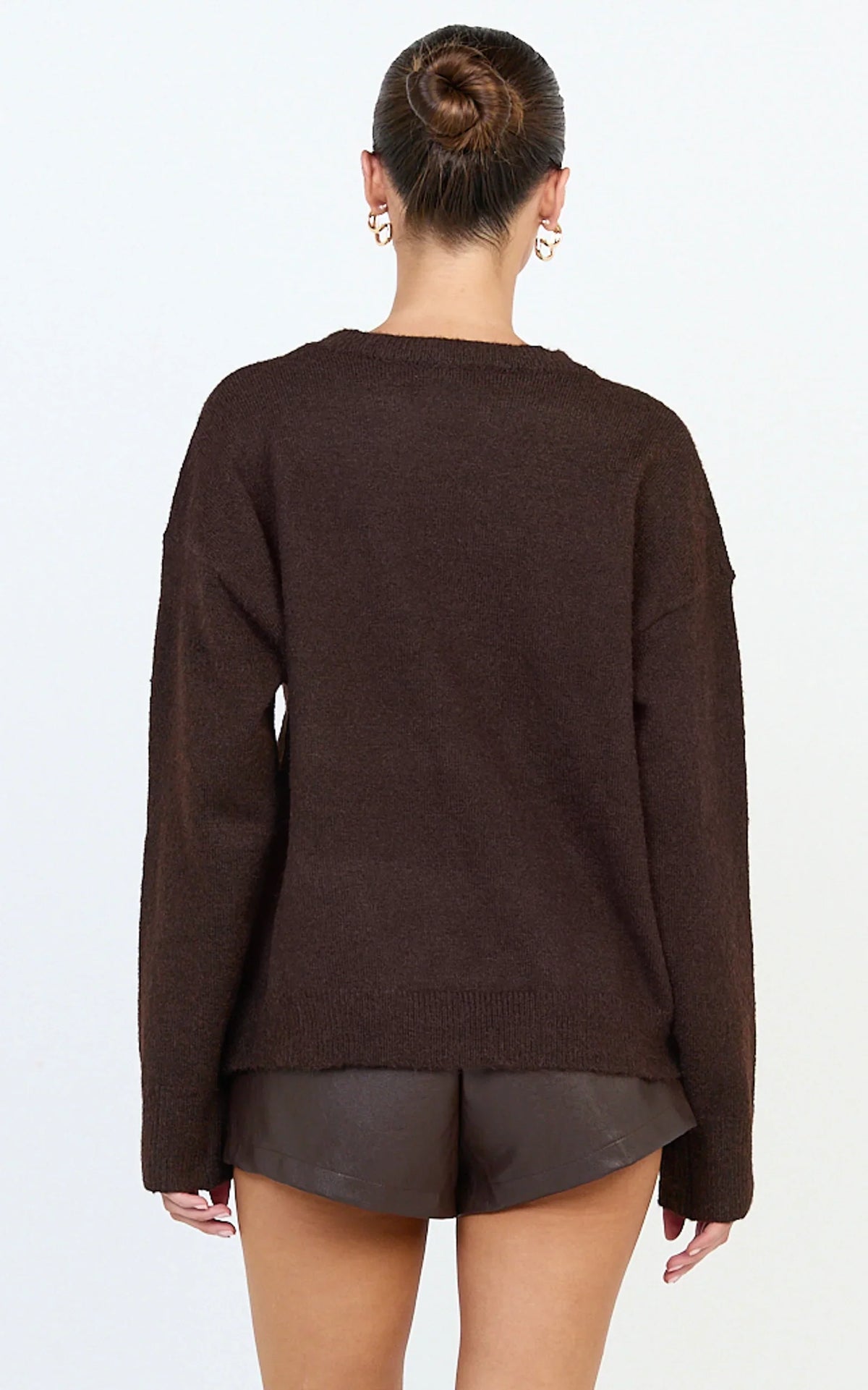 Amanda Top - Crew Neck Long Sleeve Knit Sweater in Chocolate