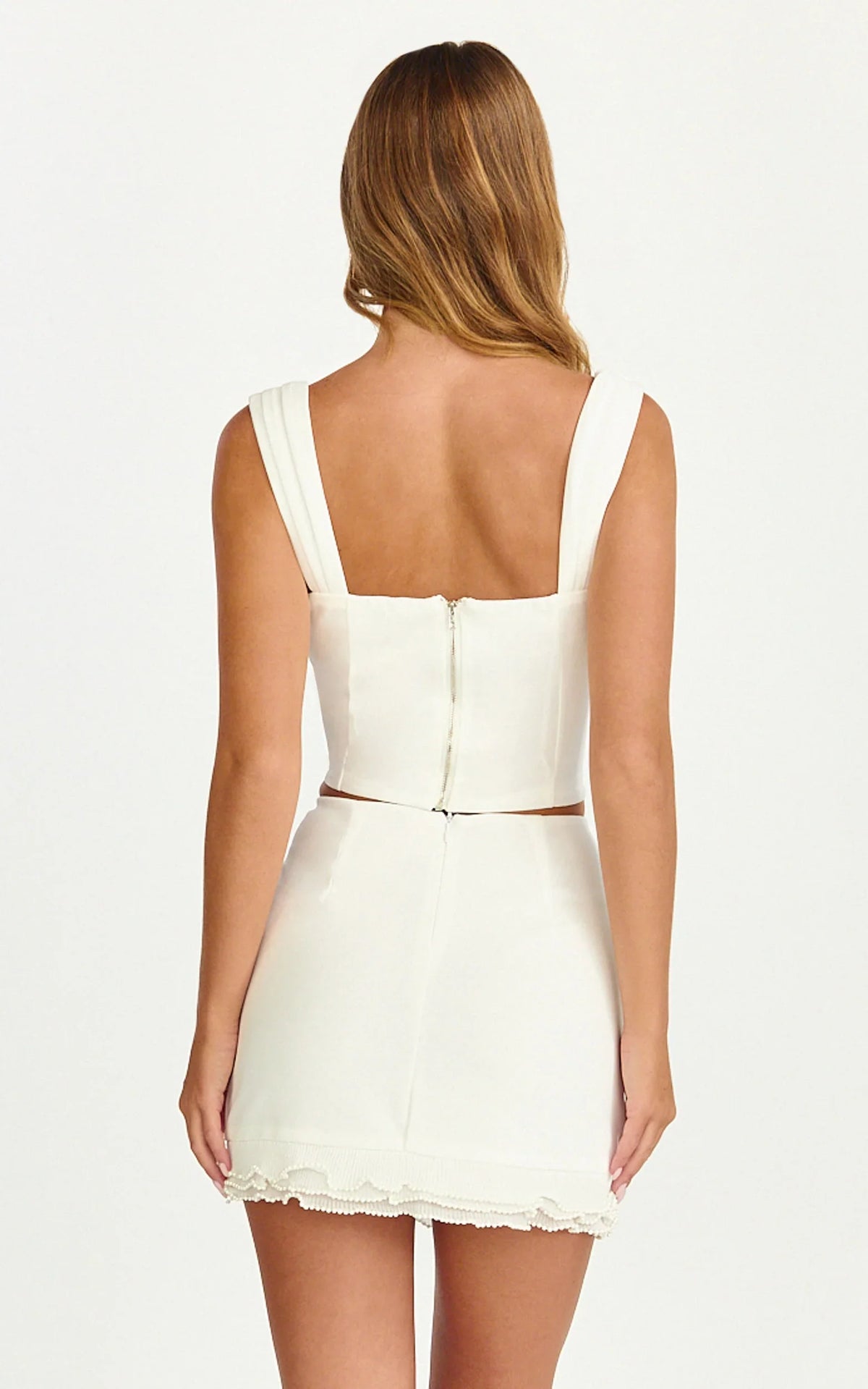 Leanna Two Piece Set - Corset Top And Pearl Flounce Trim Mini Skirt Set in White