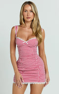 Strappy Bustier Ruched Bodycon Dress in Red Gingham