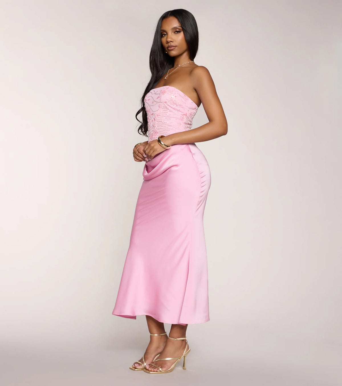 Satin Glow Strapless Beaded Midi Dress