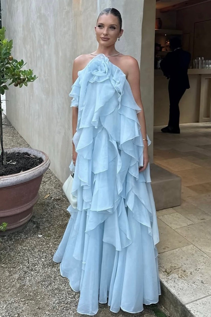 3D Floral Halter Spaghetti Strap Elegant Prom Dress