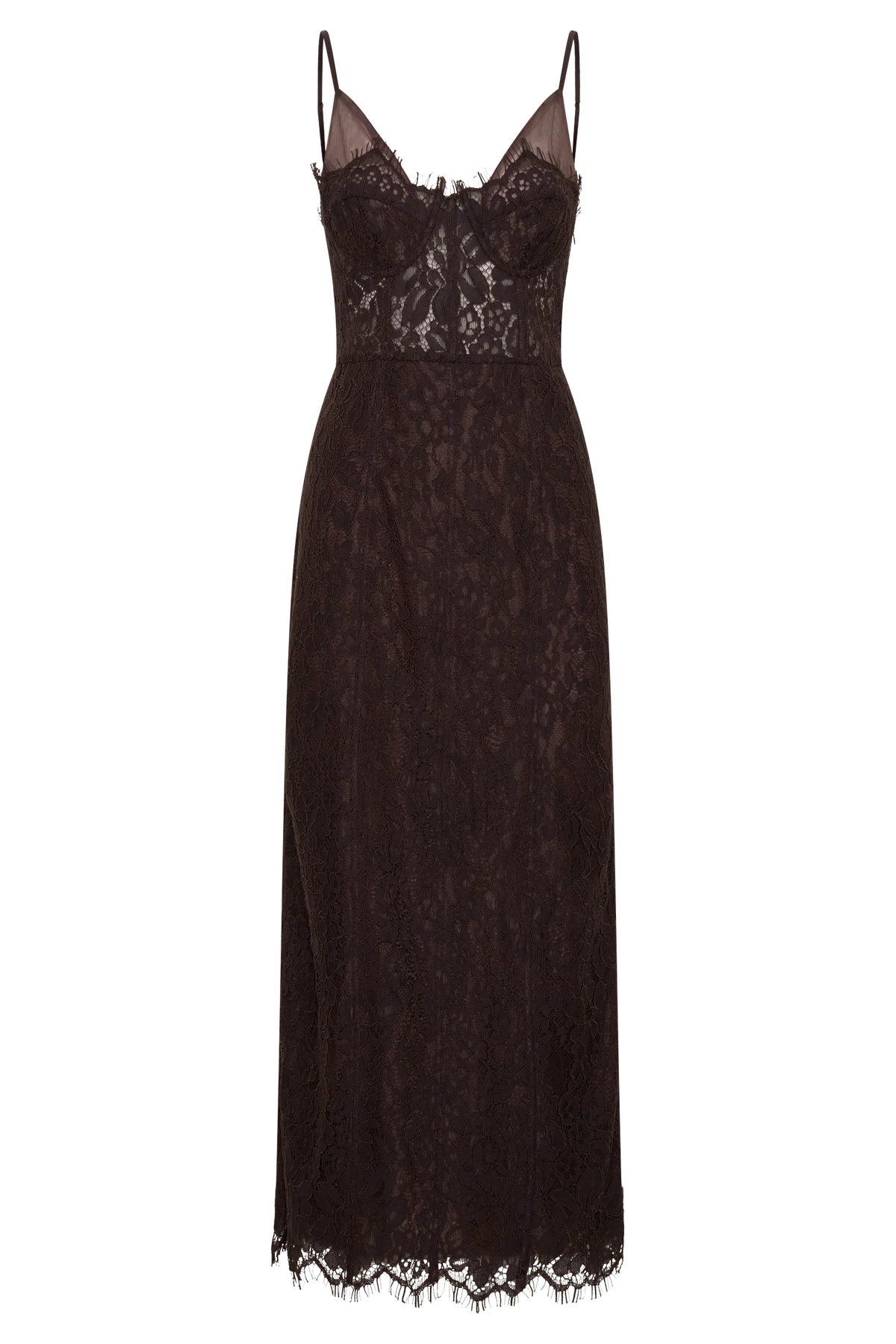 Ottilie Lace And Mesh Midi Dress - Dark Chocolate