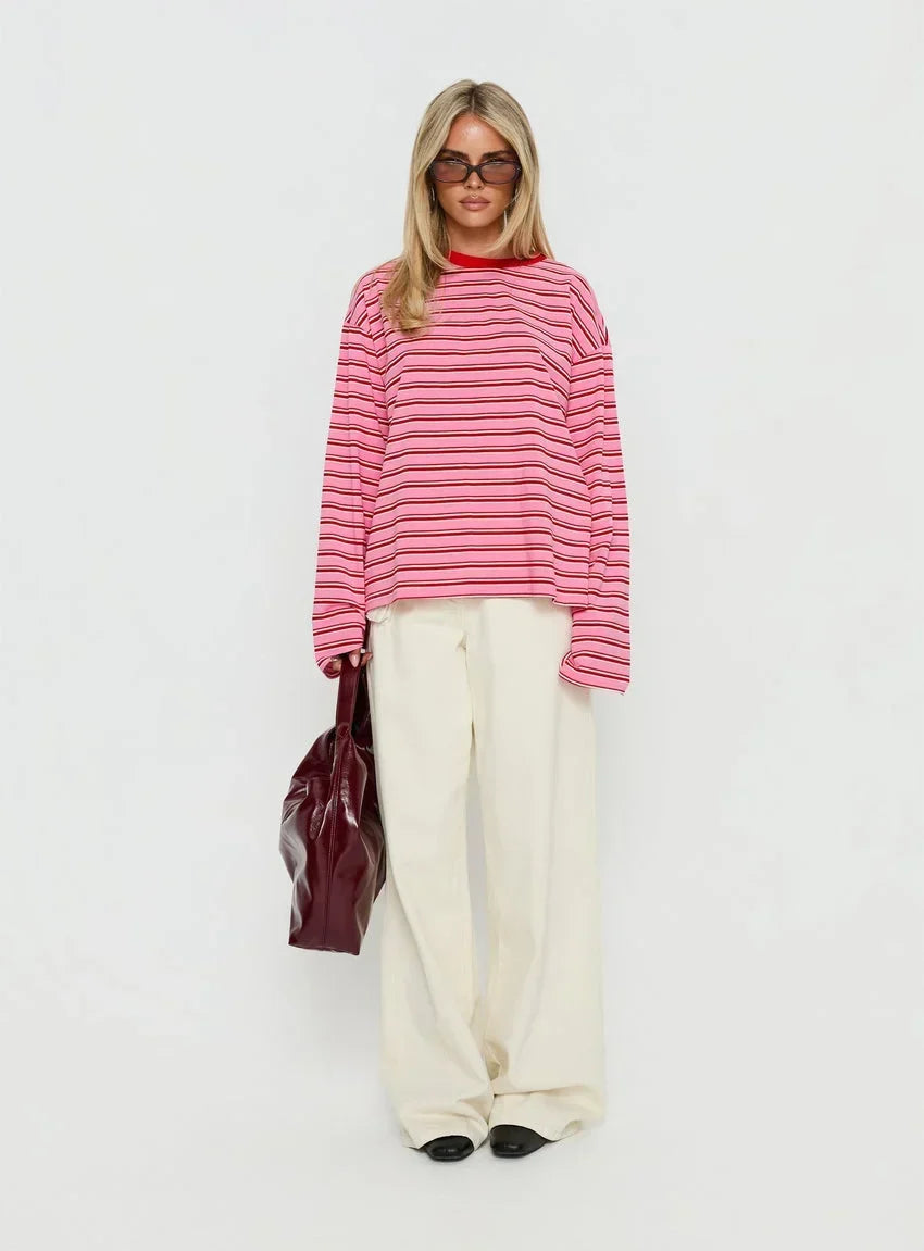 Settle Down Long Sleeve Top Pink / Red Stripe