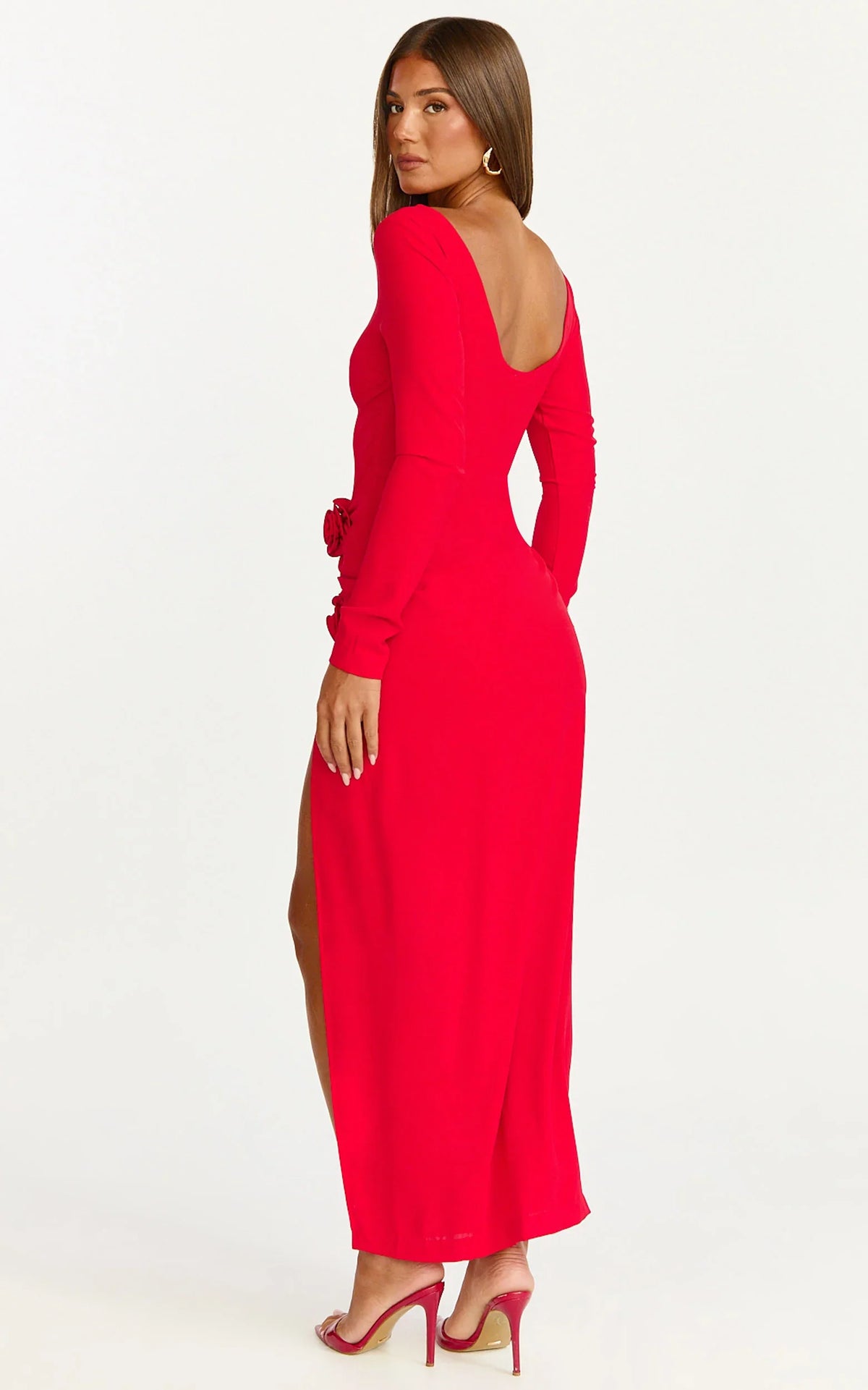Vivienne Midi Dress - Boat Neck Long Sleeve Rosette Detail Dress in Red
