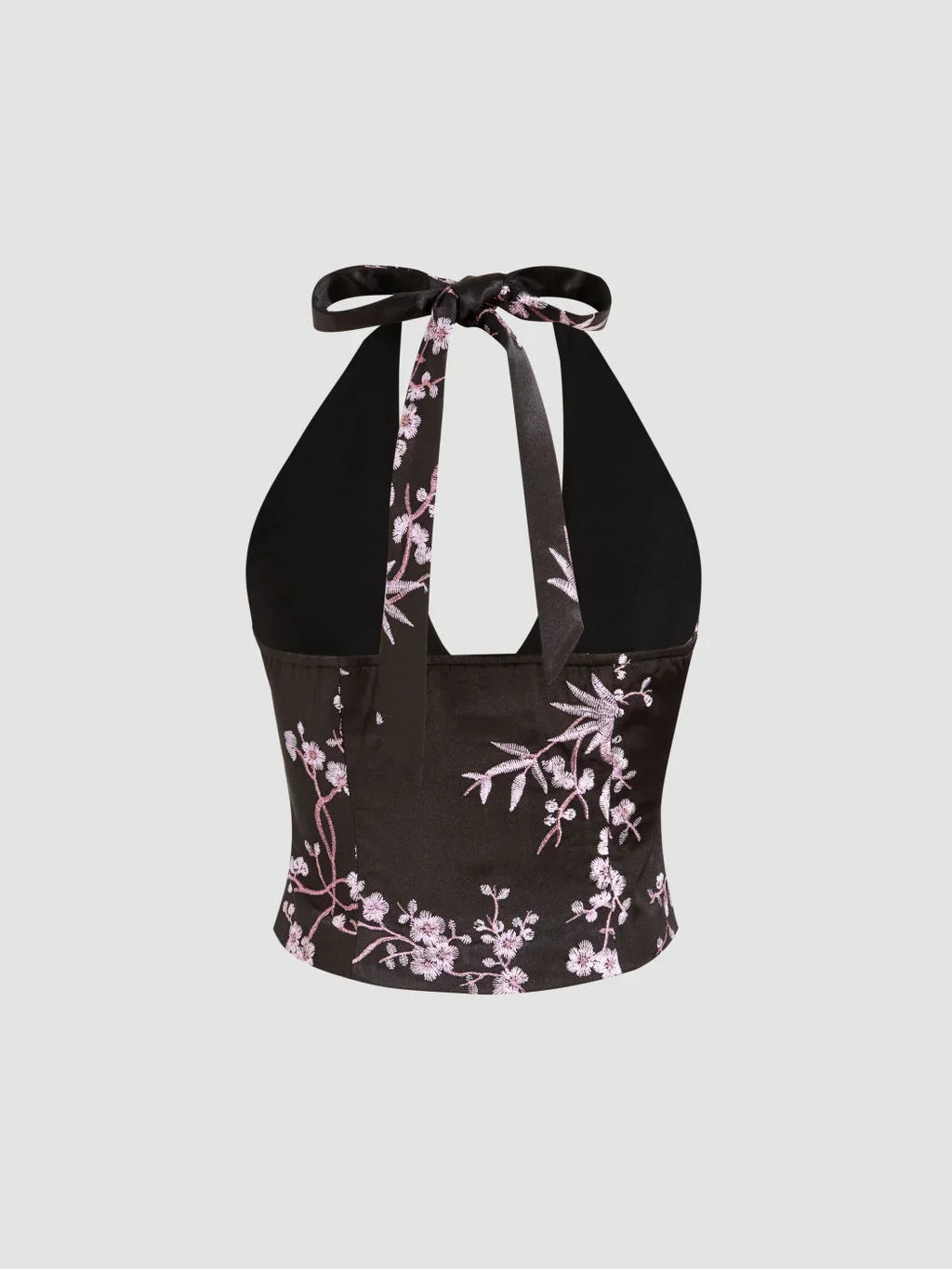 Halter V-Neck Knotted Floral Embroidery Top