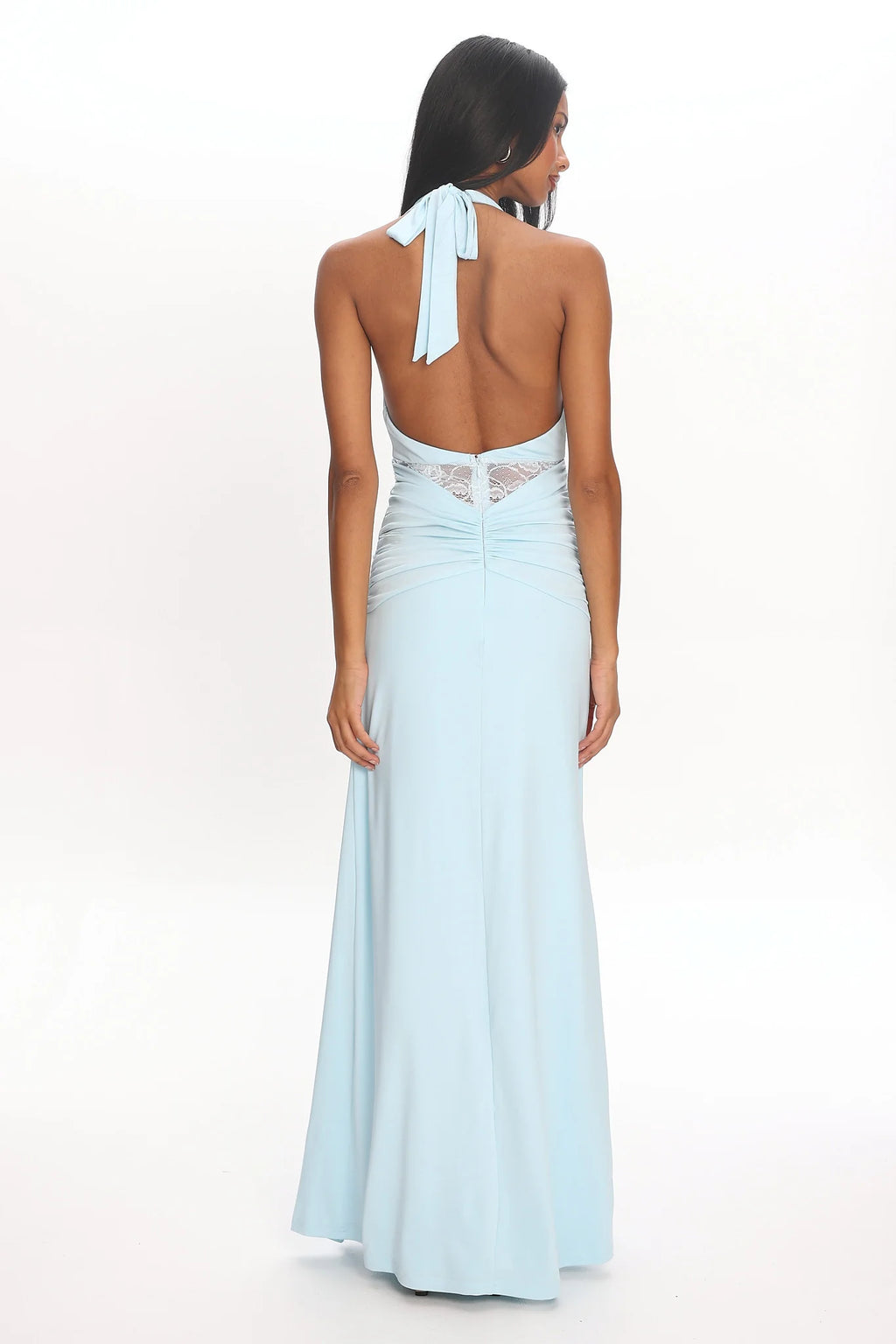 Swan Song Ruched Slit Maxi Dress Blue