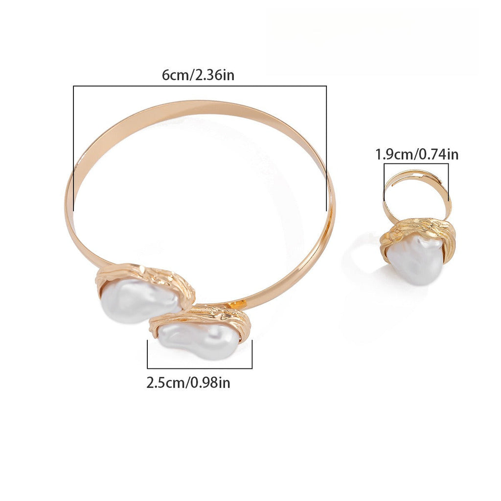 2-Piece Baroque Irregular Pearl Alloy Collar Ring And Bracelet Set