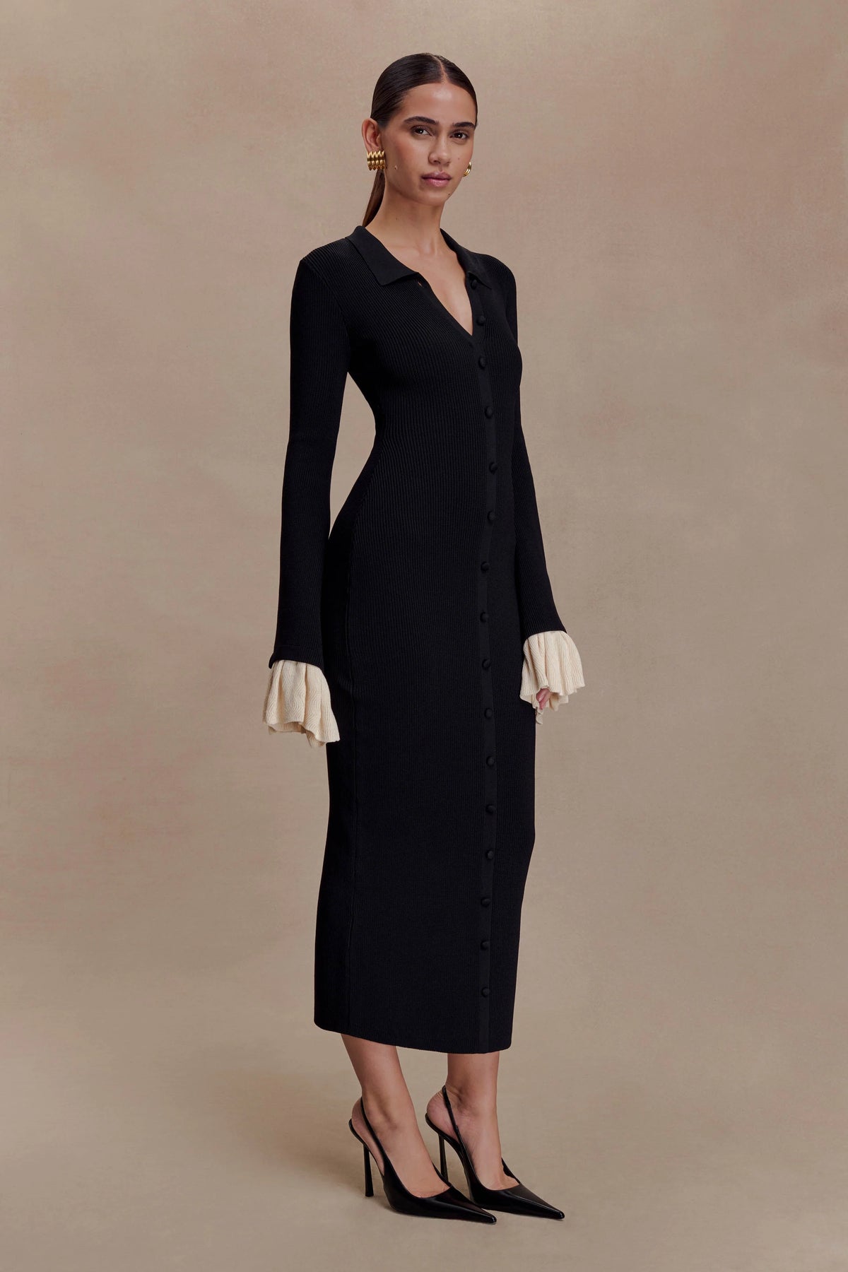 Amirose Ruffle Knit Midi Dress - Black