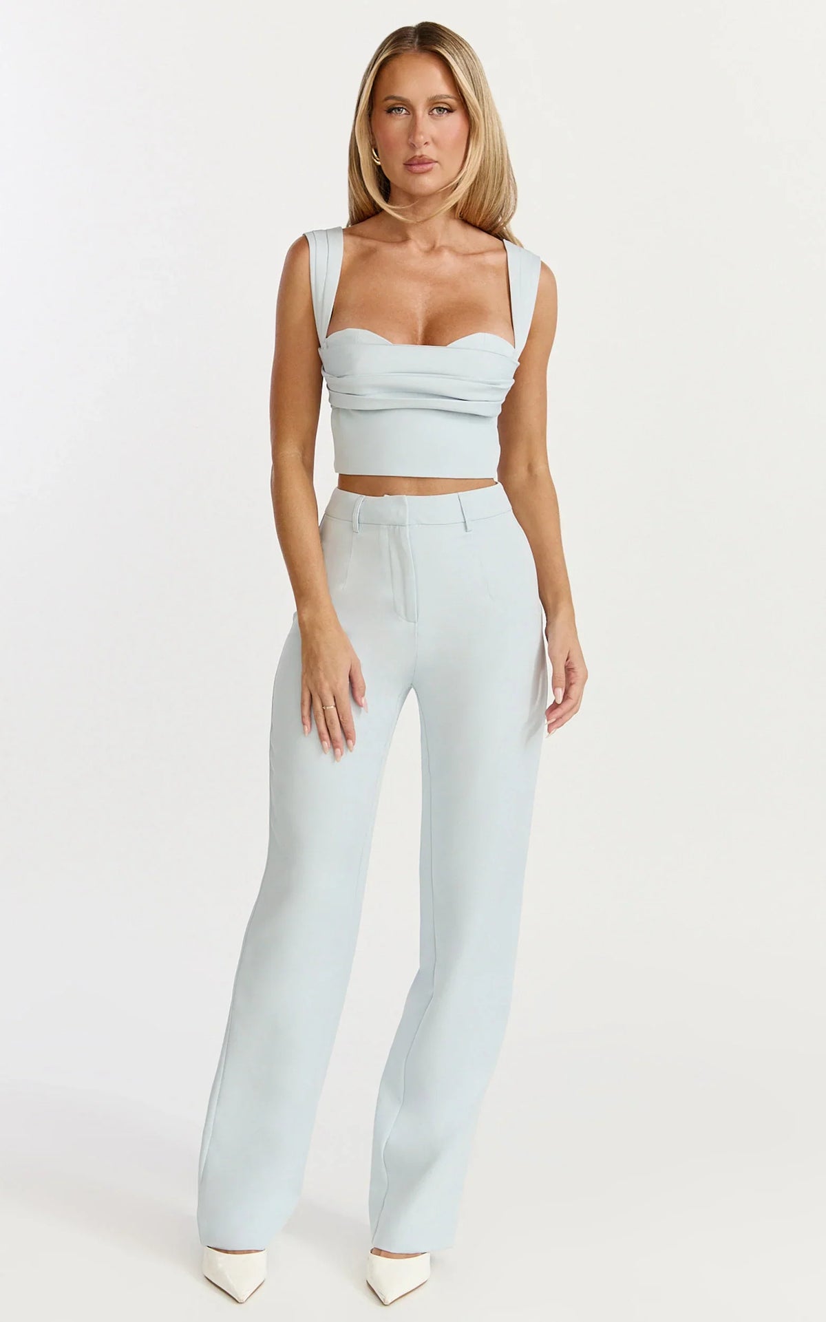 Kenna Two Piece Set - Gathered Bust Top And High Waist Straight Leg Pants Set in Baby Blue