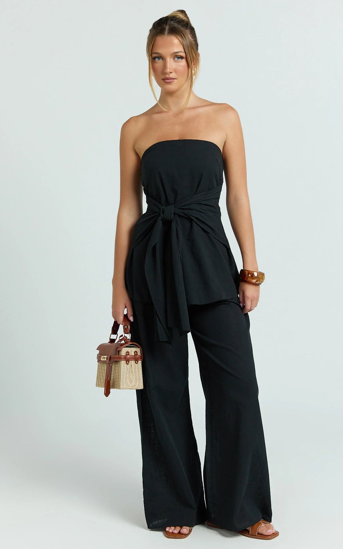 Cora Paige Two Piece Set - Strapless Tie Detail Top and Wide Leg Pant Set in Black