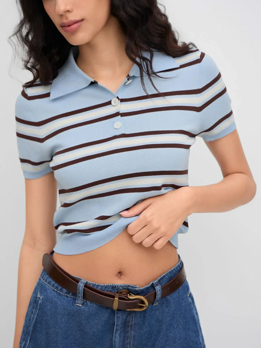Knit Polo Collar Stripe Short Sleeve Top
