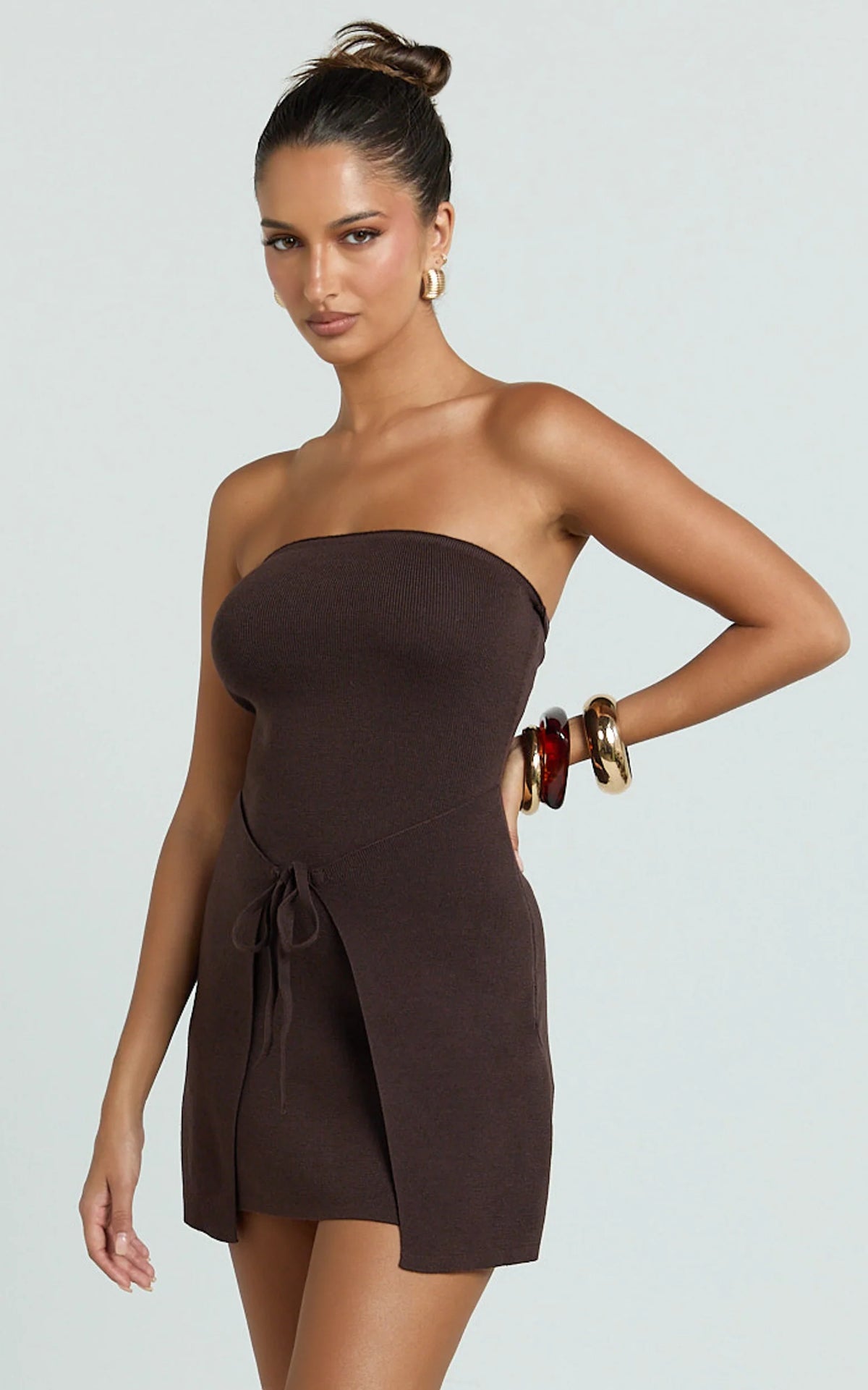 Strapless Asymmetric Front Wrap Knit Dress in Chocolate