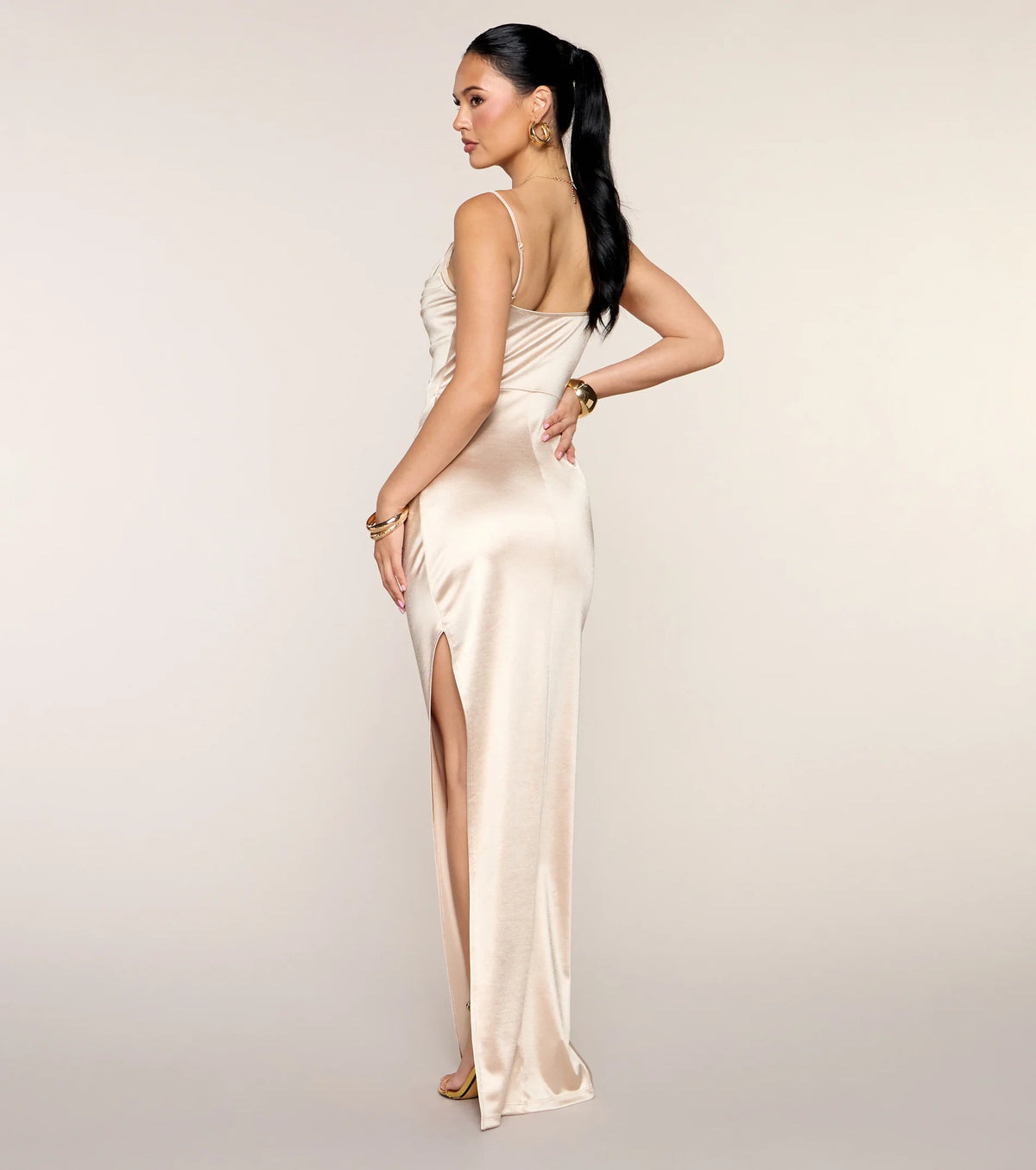 Jane Cowl Neck Slit Satin Formal Column Dress