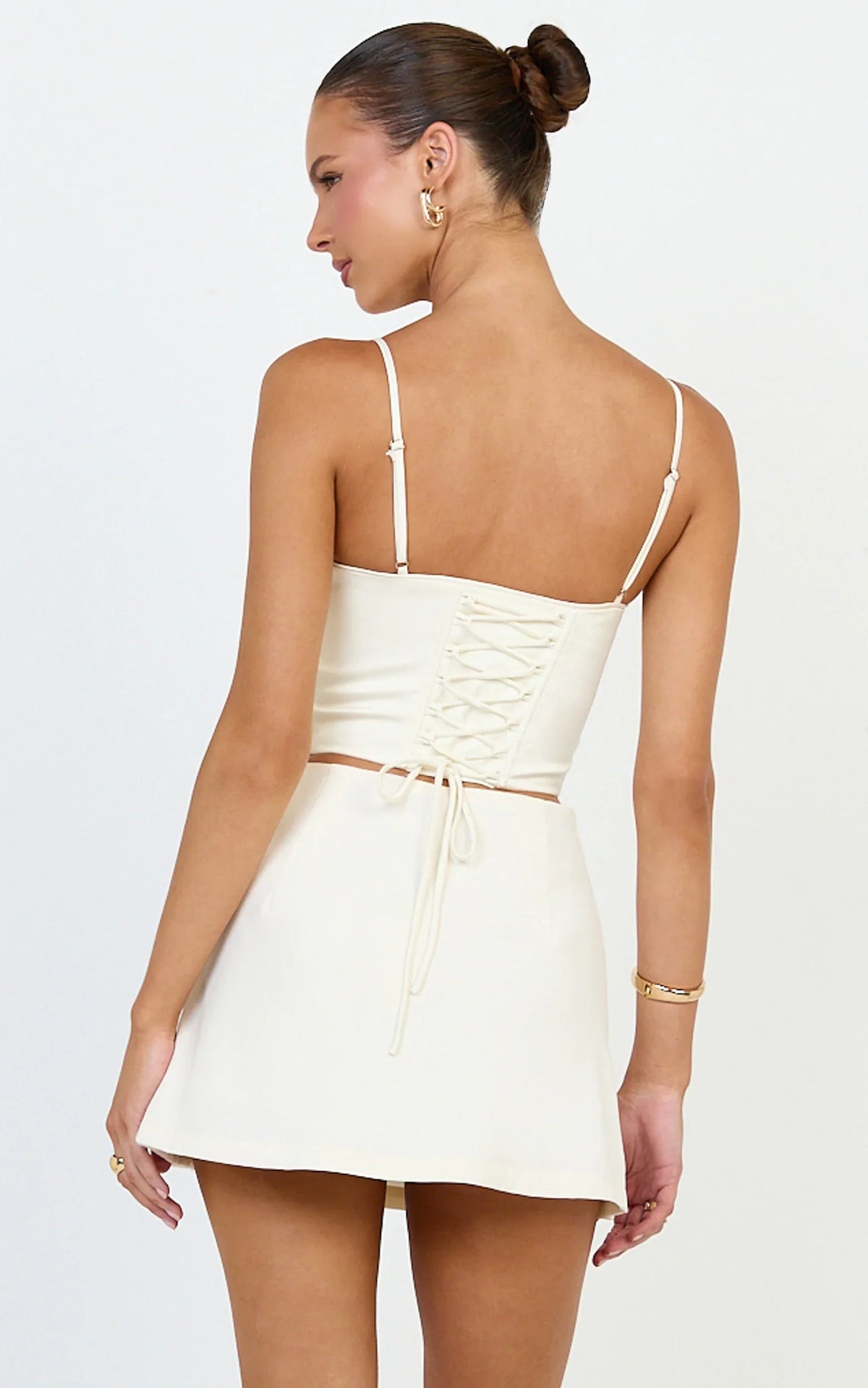 Quilla Mini Skirt - Mid Waist Faux Button Front Skirt in Cream