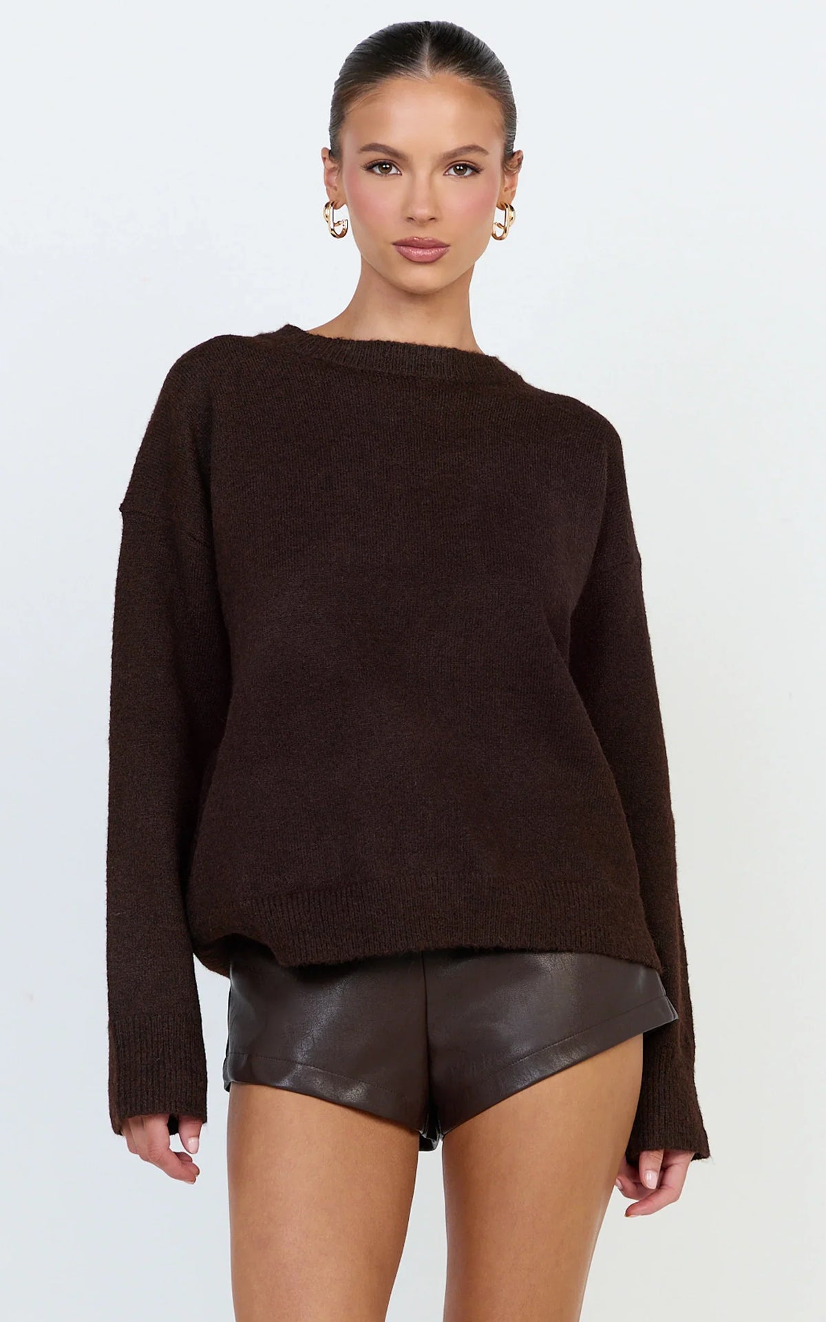 Amanda Top - Crew Neck Long Sleeve Knit Sweater in Chocolate