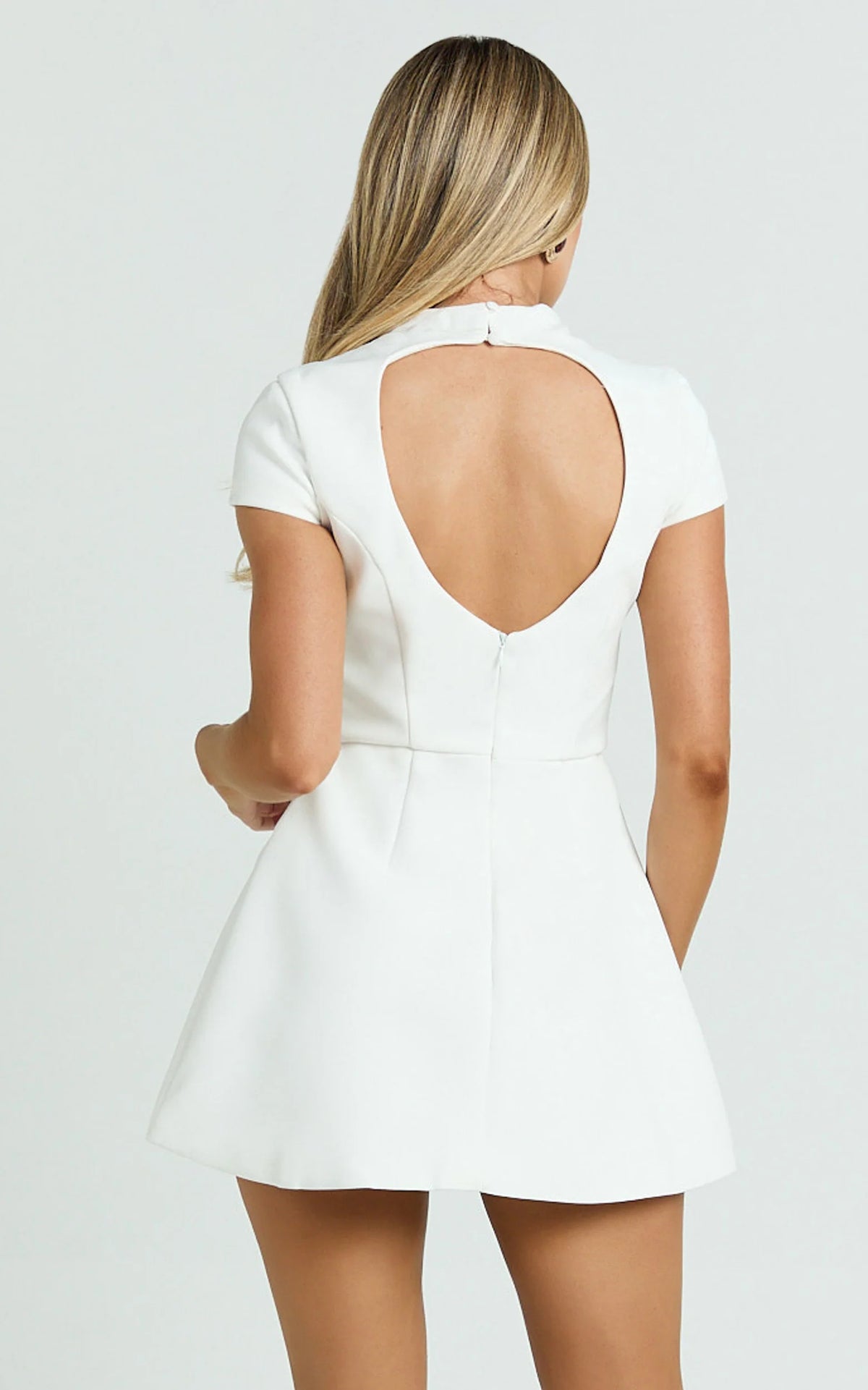 High Neck Cap Sleeve Tulip Skirt Dress in White