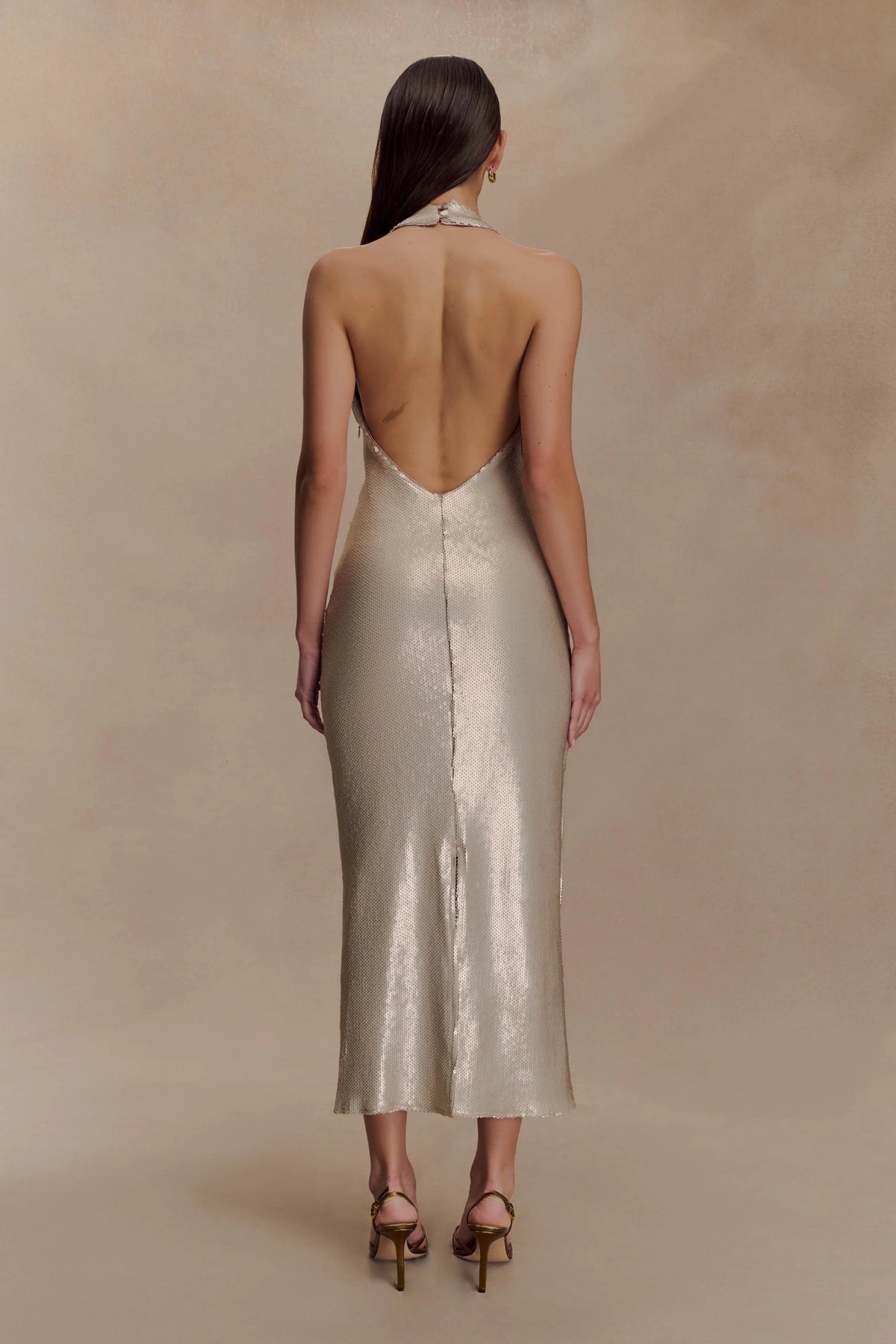 Carnation Sequin Halter Midi Dress - Gold