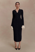 Amirose Ruffle Knit Midi Dress - Black