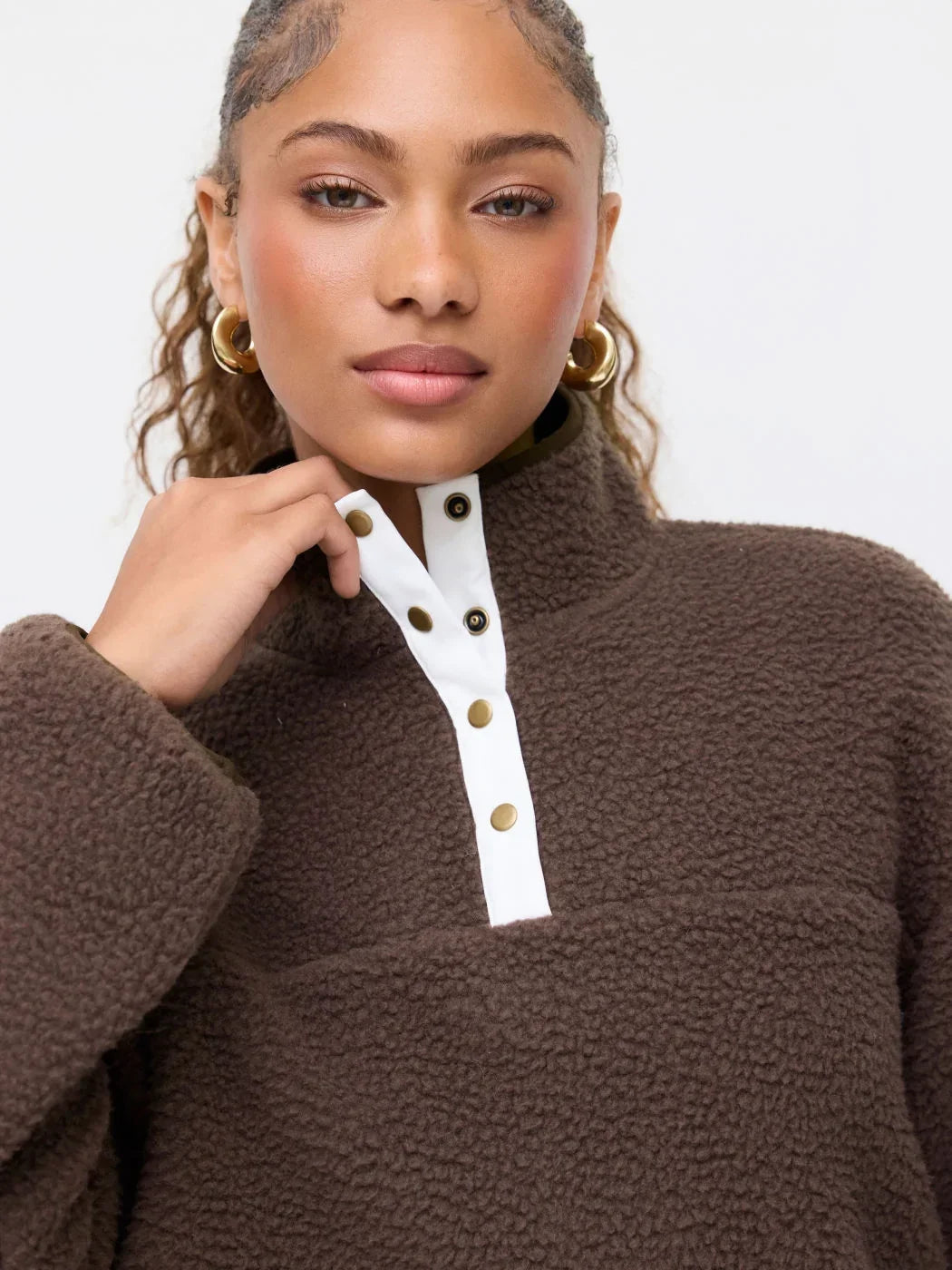 Fleece Collar Drawstring Button Long Sleeve Sweatshirt