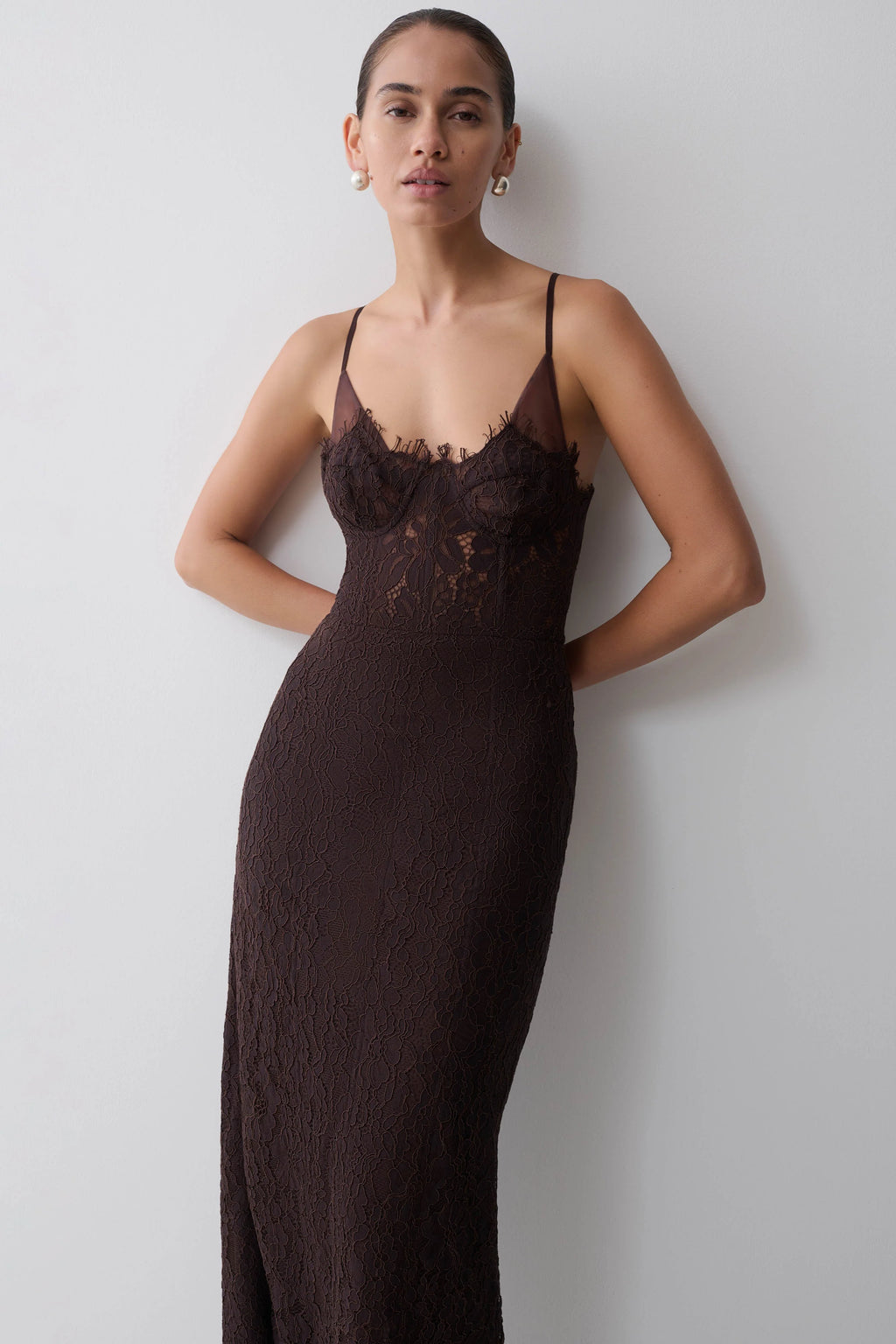 Ottilie Lace And Mesh Midi Dress - Dark Chocolate