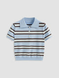 Knit Polo Collar Stripe Short Sleeve Top