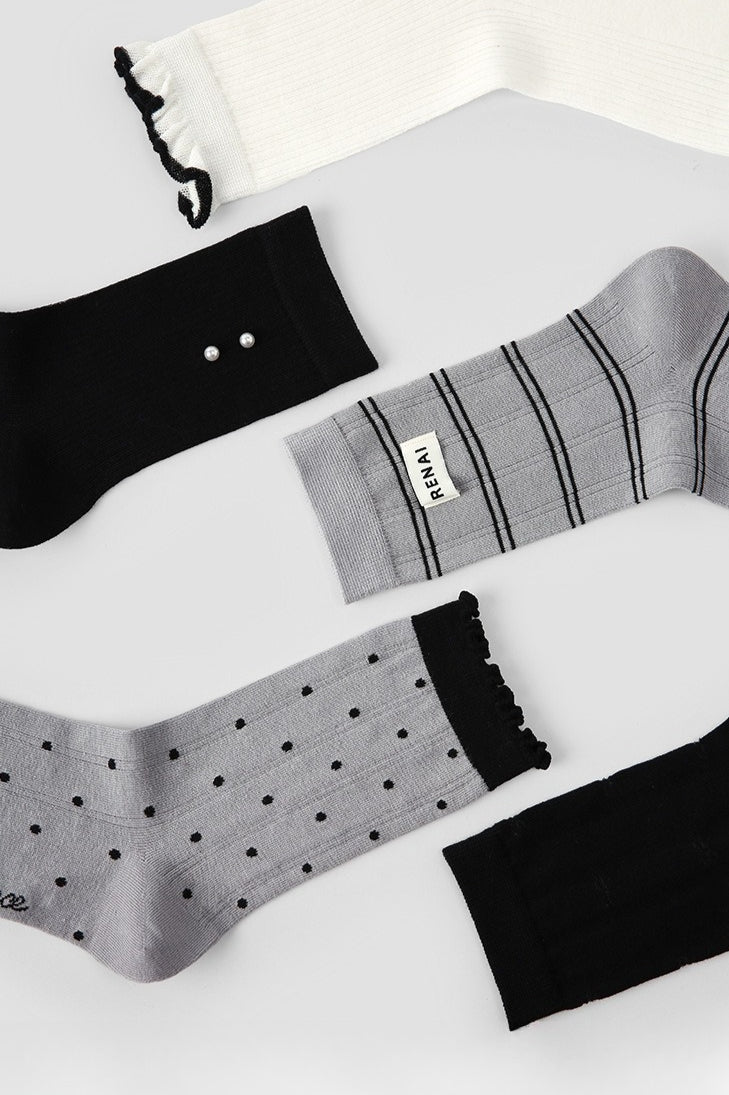 5 Pack Striped Polka Dot Ribbed Cuff Micro Mesh Cotton Socks