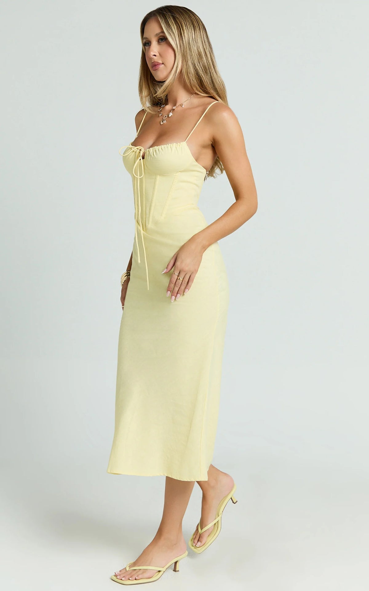 Linen Scoop Neck Ruched Bust Corset Waist Bias Skirt Dress in Lemon