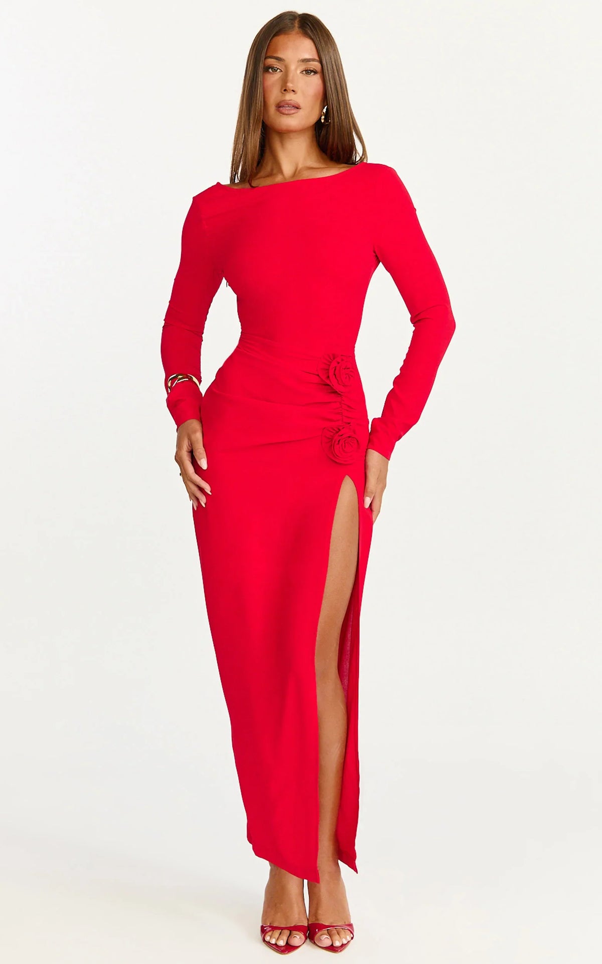Vivienne Midi Dress - Boat Neck Long Sleeve Rosette Detail Dress in Red