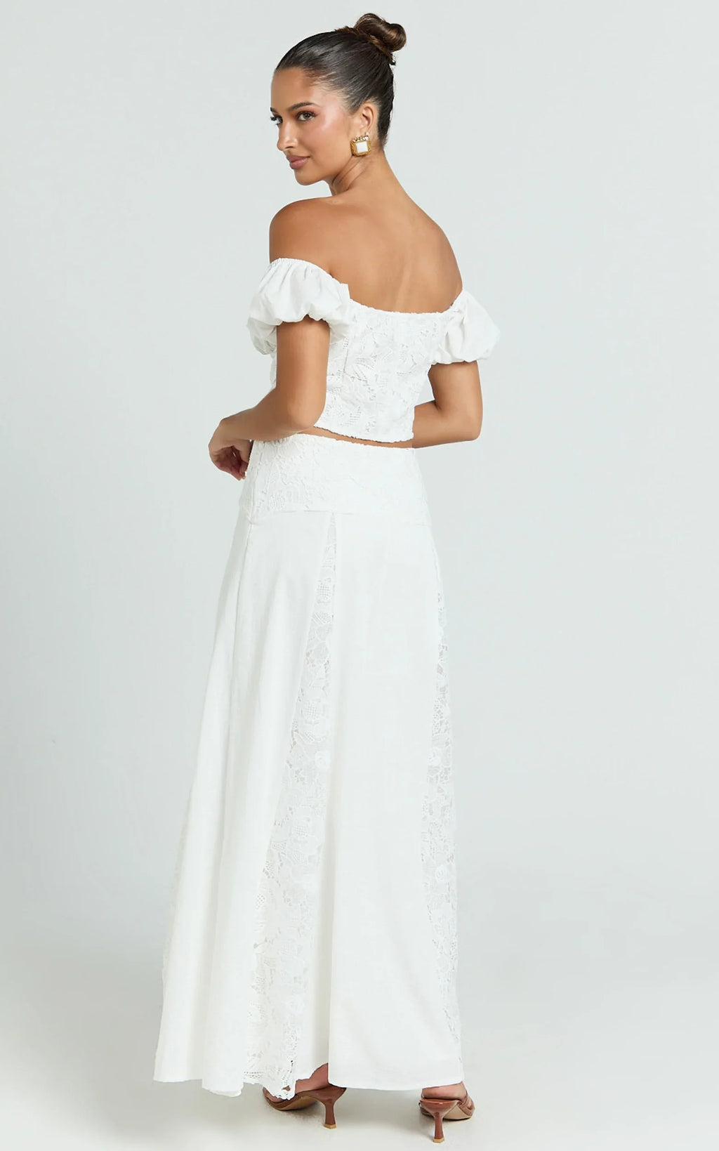 Belle Two Piece Set - Off Shoulder Top and Maxi Skirt Set in White