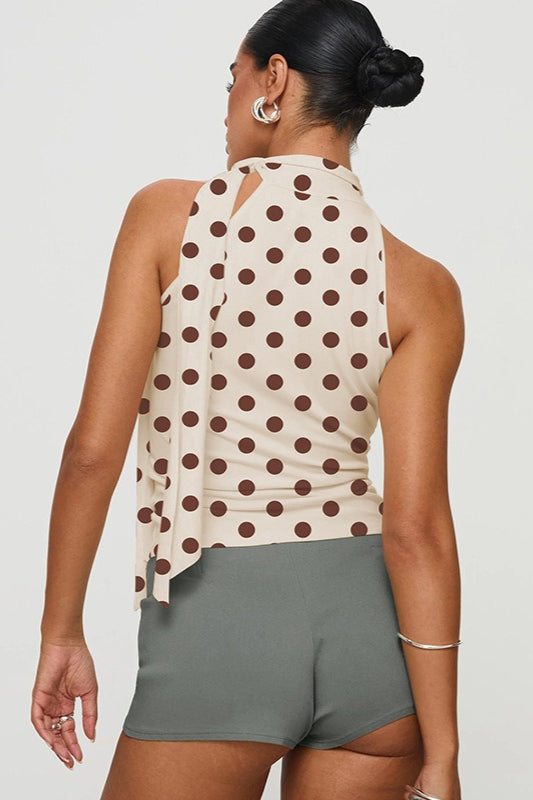 Apricot Polka Dot Tie Neck Sleeveless Halter Top