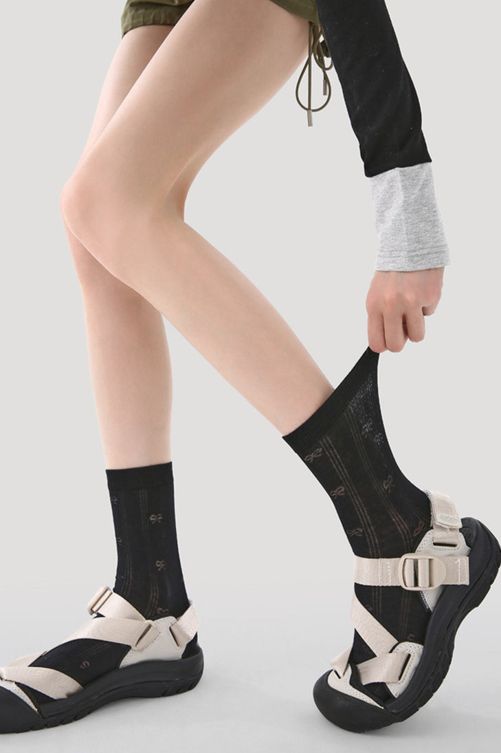 5 Pack Striped Polka Dot Ribbed Cuff Micro Mesh Cotton Socks