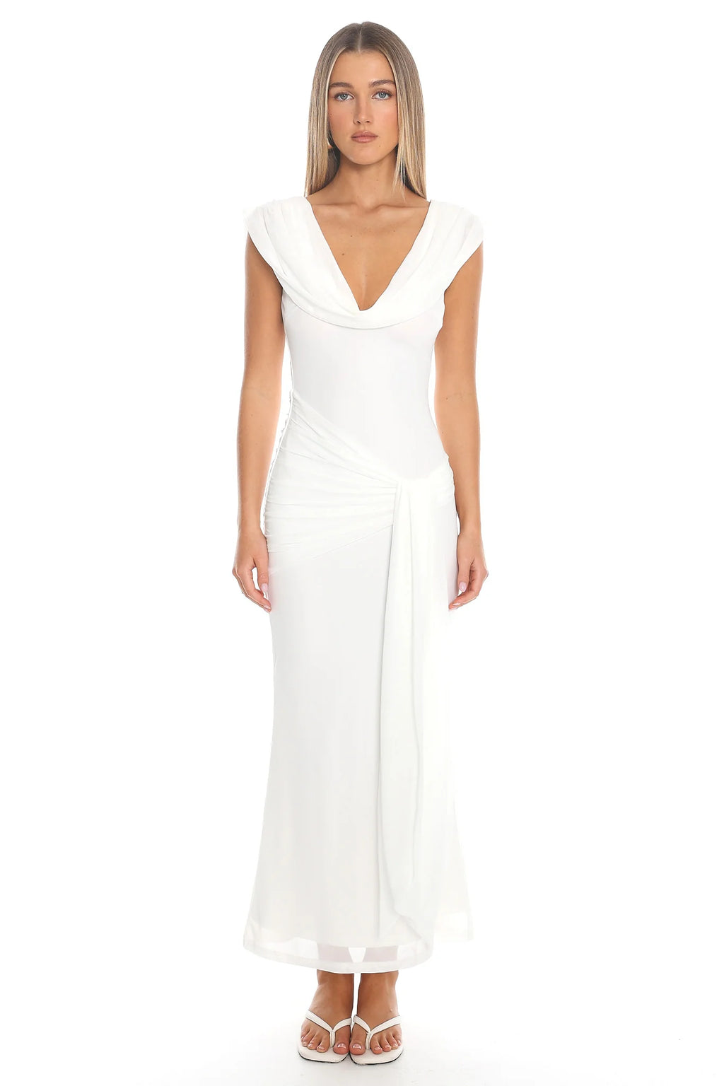 Virgo Season Draped Shoulder Maxi Dress White