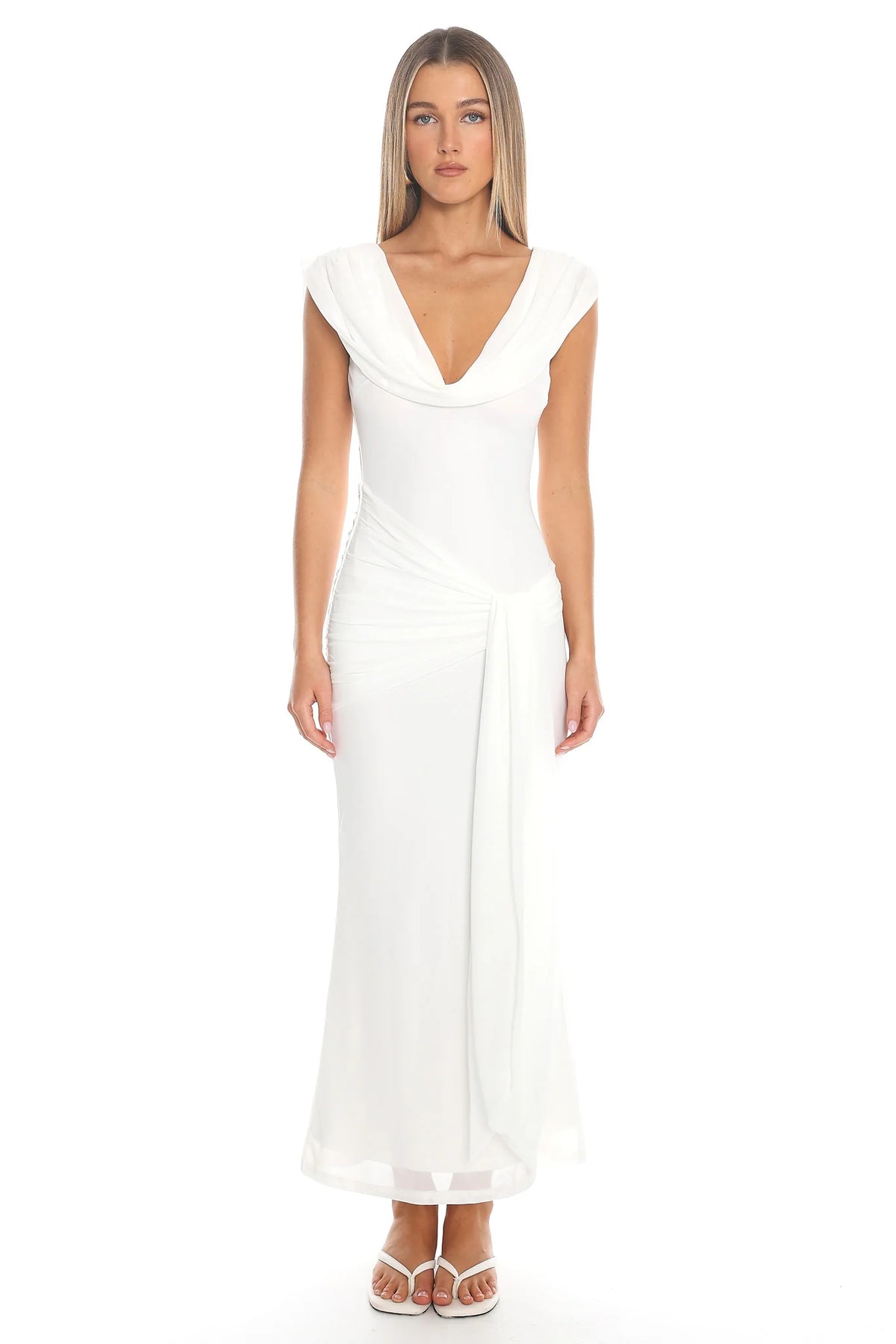 Virgo Season Draped Shoulder Maxi Dress White