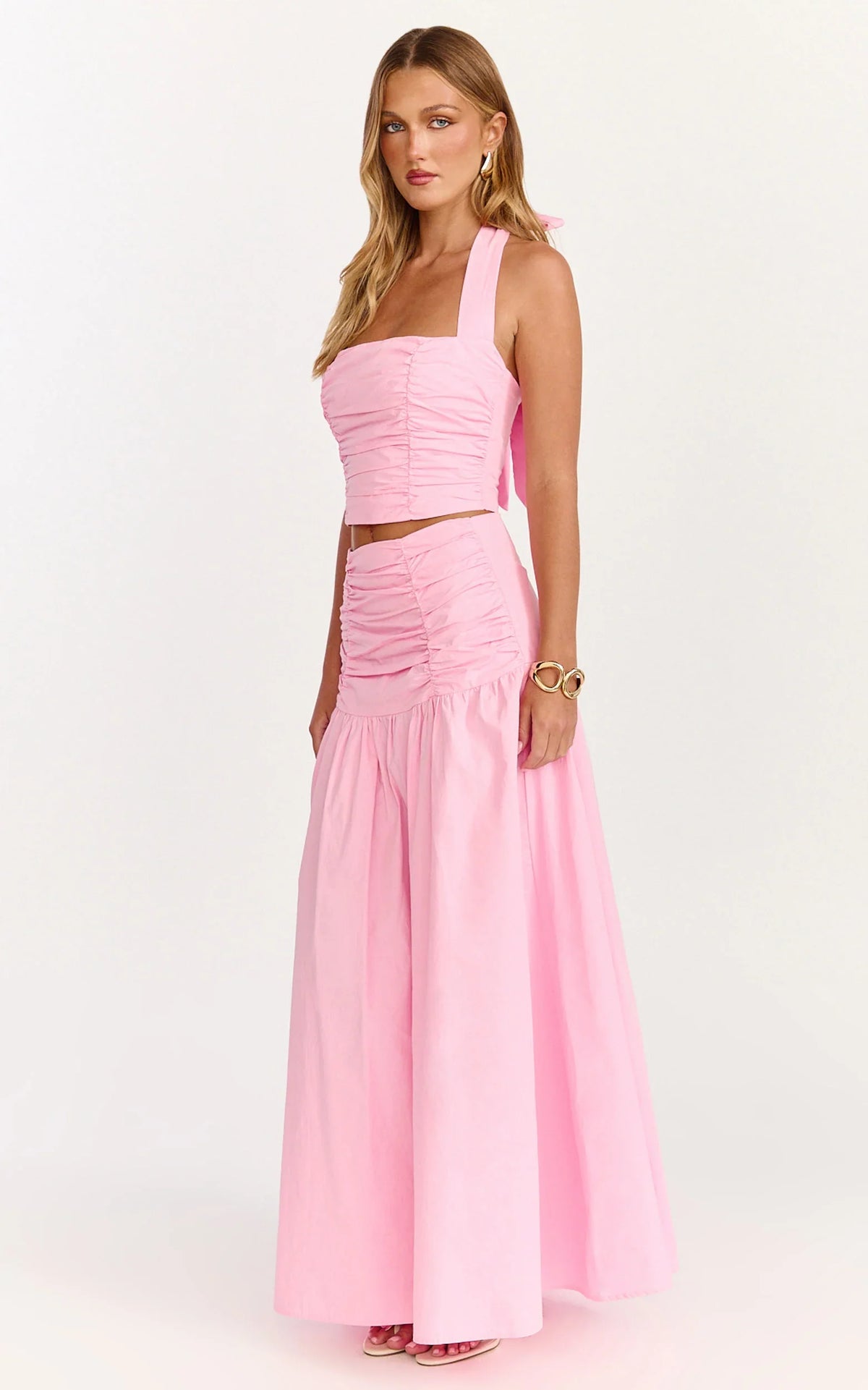 Anya Two Piece Top and Skirt Set - Gathered Halted Neck Top And High Waist  Maxi Skirt in Pink