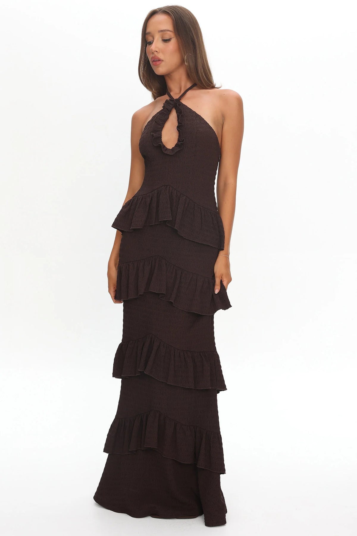 Dulce Dreams Halterneck Frill Maxi Dress Chocolate