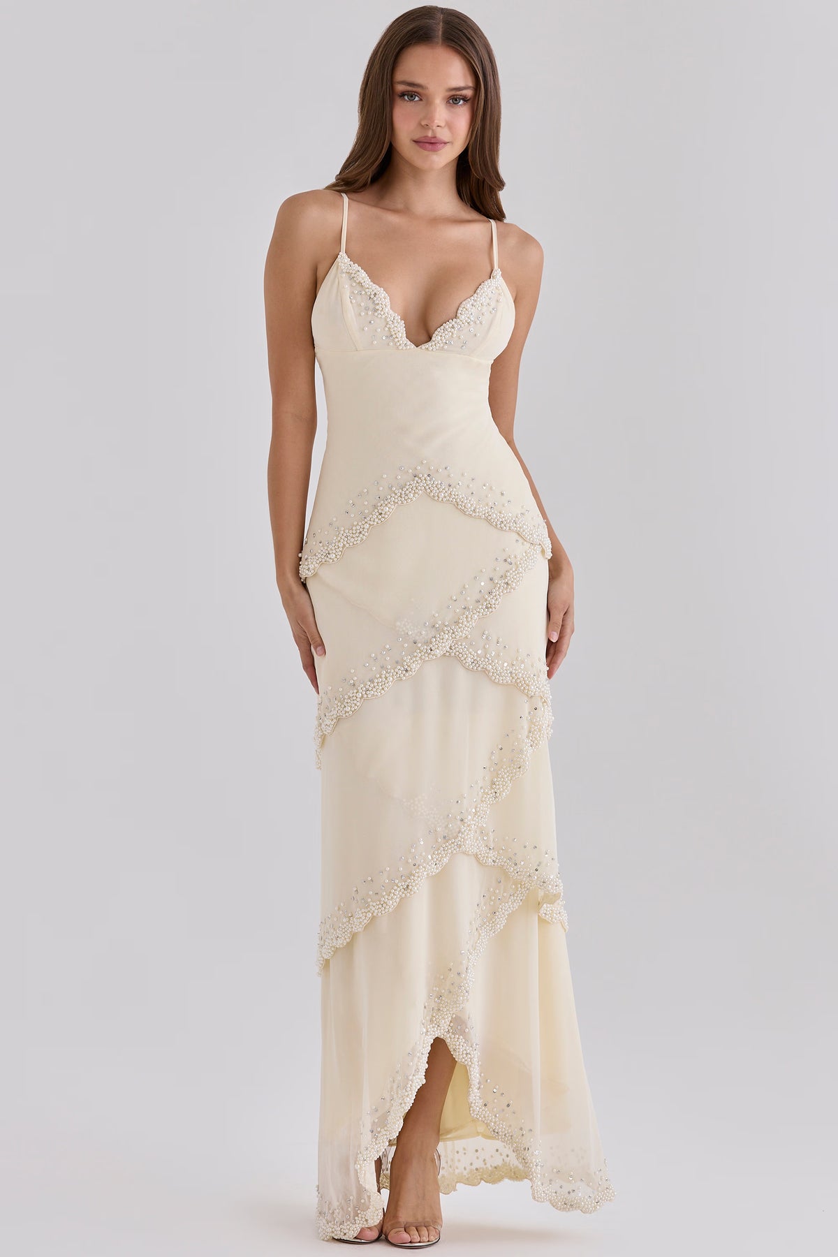 vanilla georgette hand embellished tiered maxi dress - limited edition