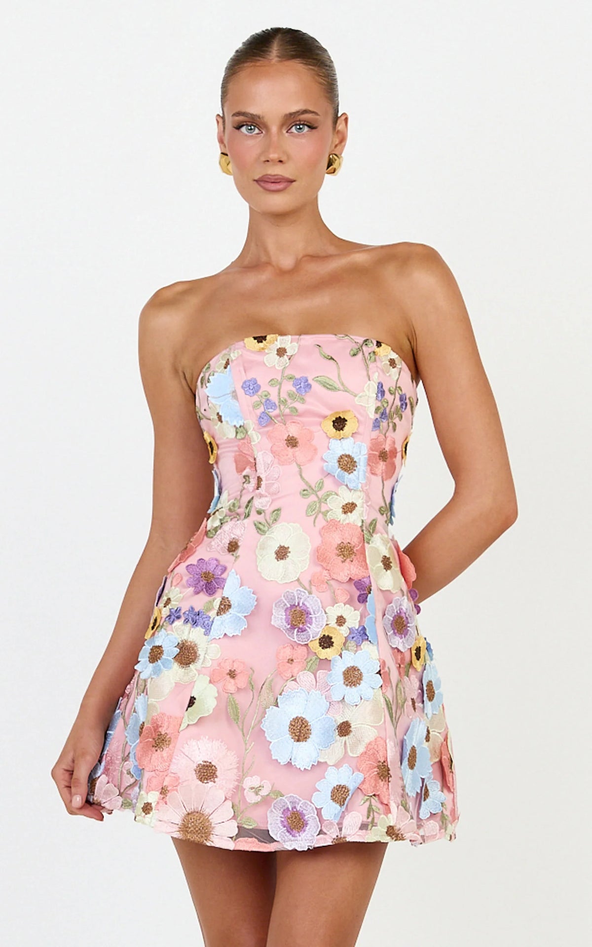 Strapless 3D Floral Fit And Flare Dress in Multi