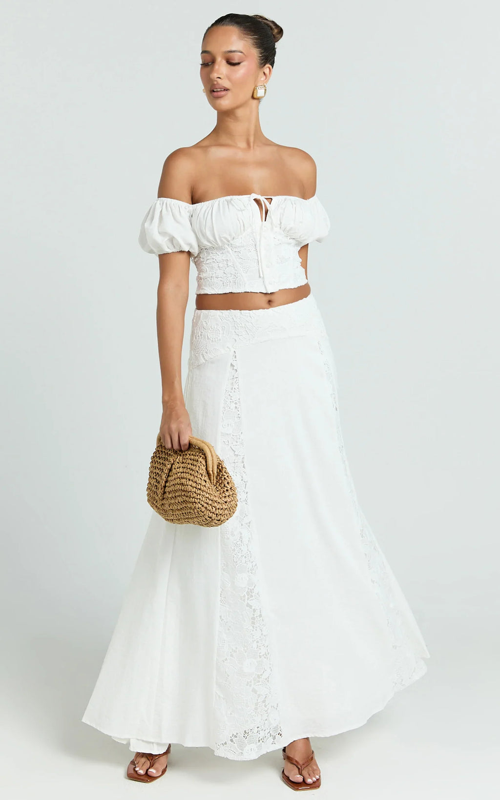 Belle Two Piece Set - Off Shoulder Top and Maxi Skirt Set in White