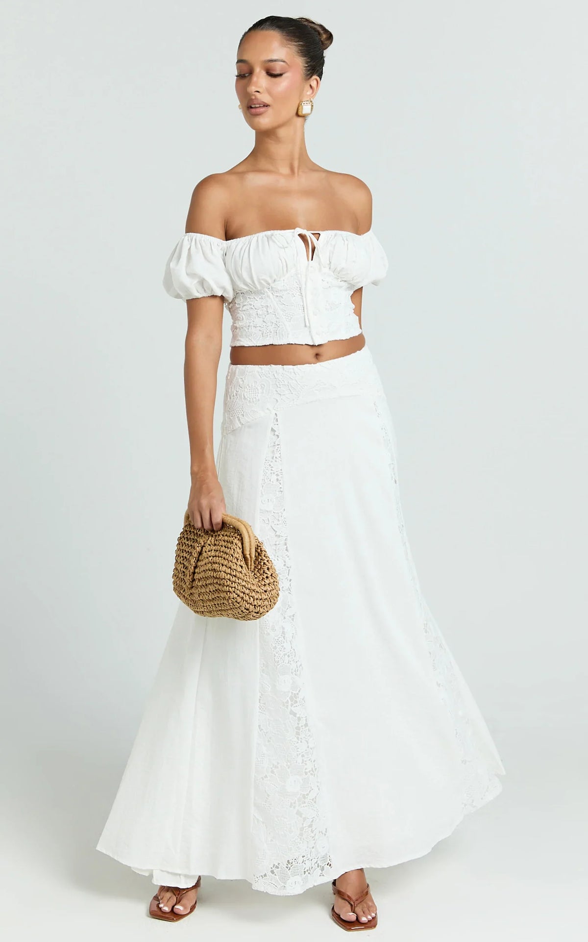 Belle Two Piece Set - Off Shoulder Top and Maxi Skirt Set in White