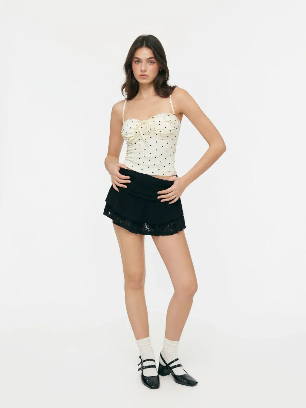 Cotton Polka Dot Ruched Knotted Cropped Cami Top