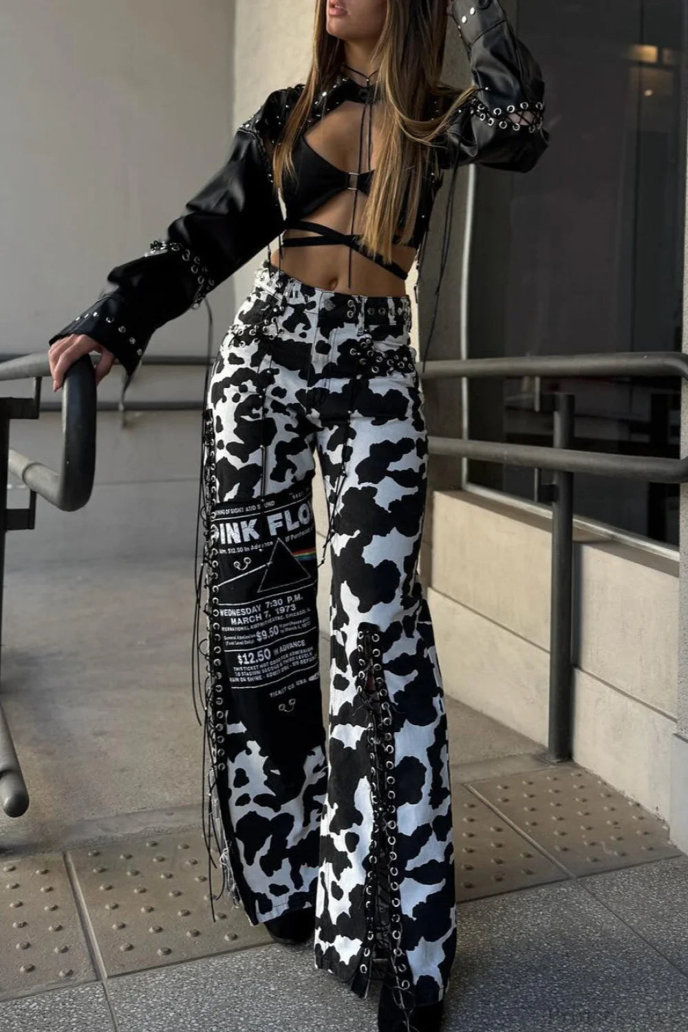 High Waist Slim Milk Print Tassel Rivet Denim Pants
