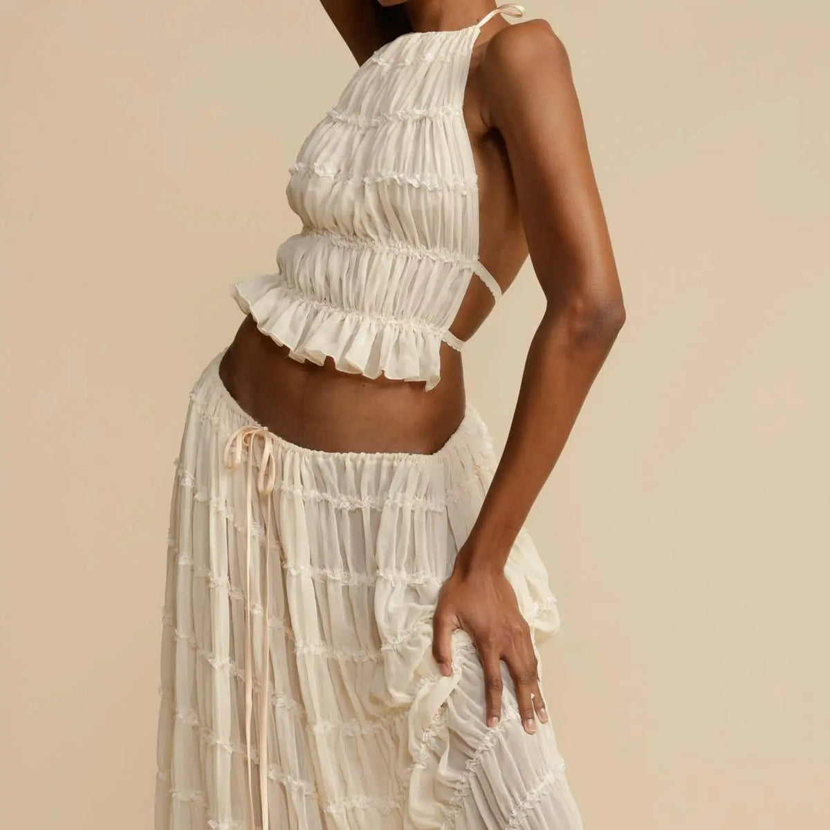 2Piece Skirt Set for Women Lace Up Back Tank Tops Tie Up High Waist Long Skirts Outfits Fairy Vacation Cottagecore Lace Dress