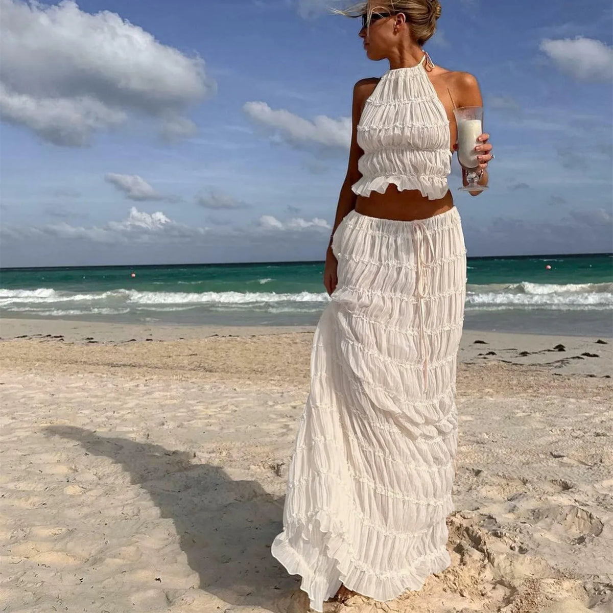 2Piece Skirt Set for Women Lace Up Back Tank Tops Tie Up High Waist Long Skirts Outfits Fairy Vacation Cottagecore Lace Dress