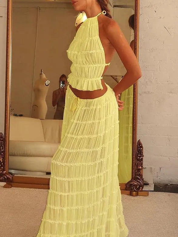 2Piece Skirt Set for Women Lace Up Back Tank Tops Tie Up High Waist Long Skirts Outfits Fairy Vacation Cottagecore Lace Dress