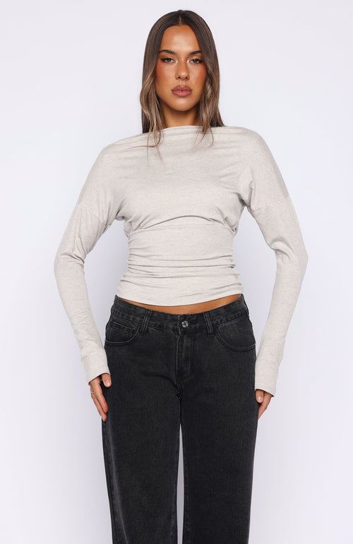Another Time Cinched Waist Long Sleeve Top Light Grey Marle
