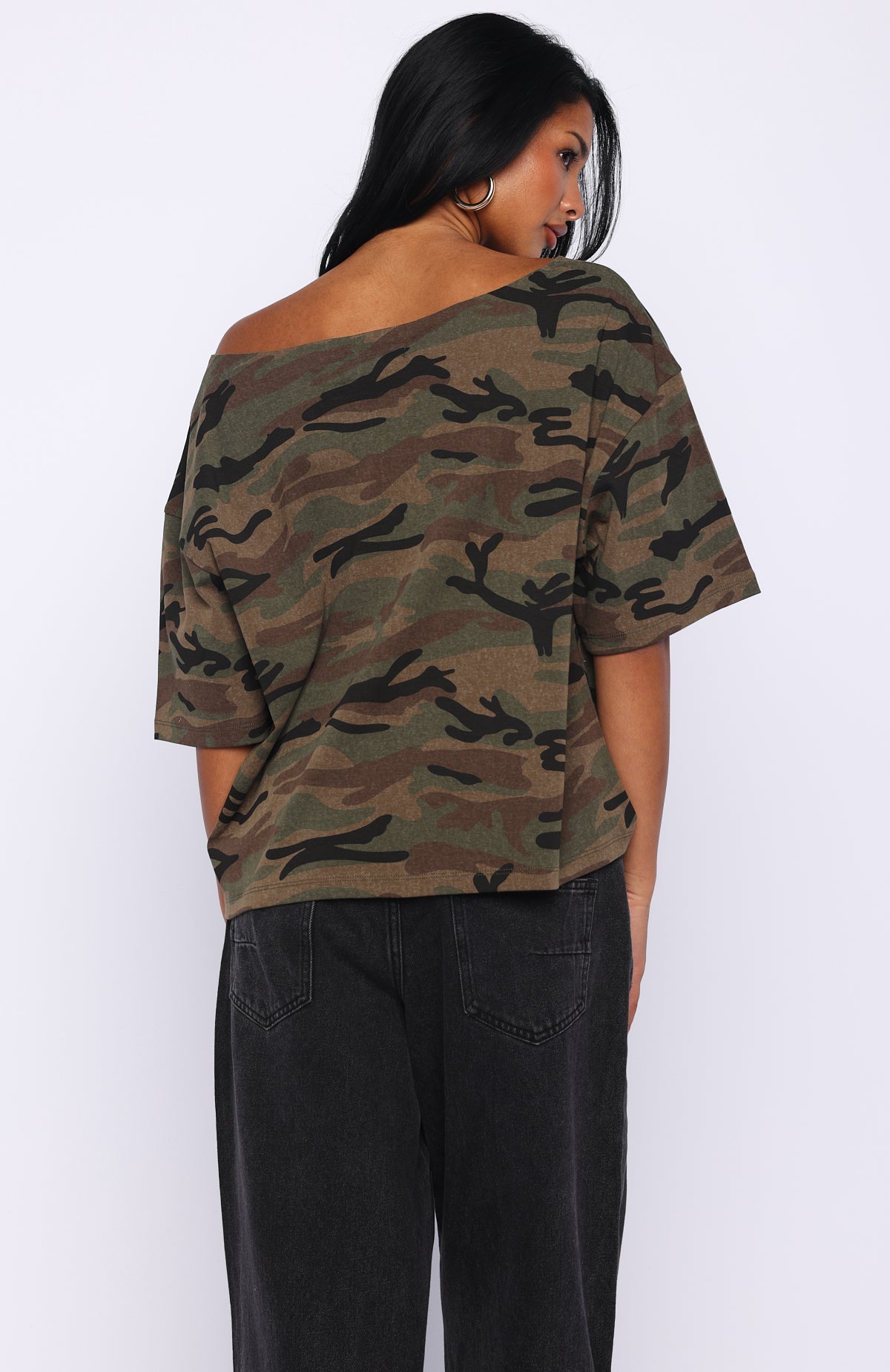 Glisten Up Off Shoulder Oversized Tee Green Camo