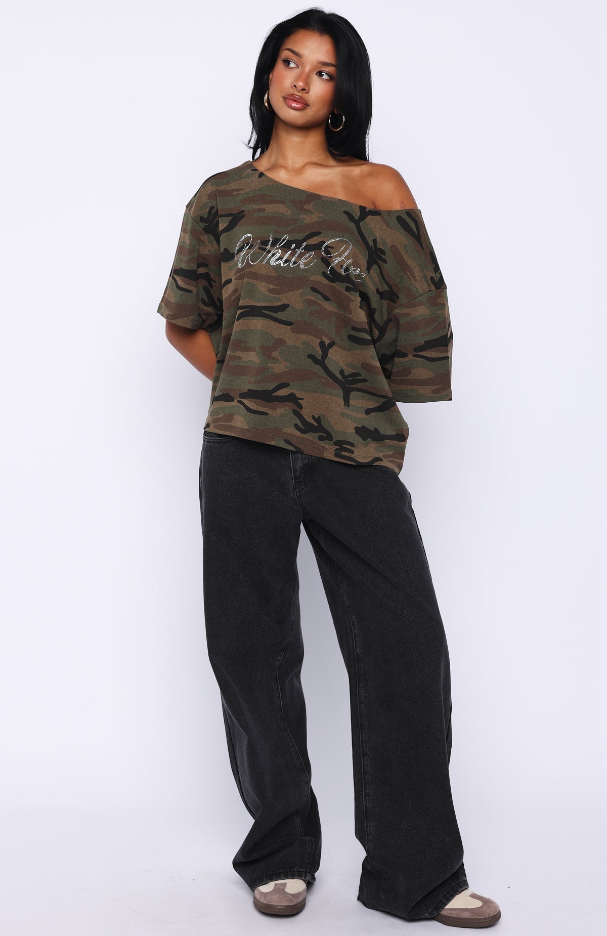 Glisten Up Off Shoulder Oversized Tee Green Camo