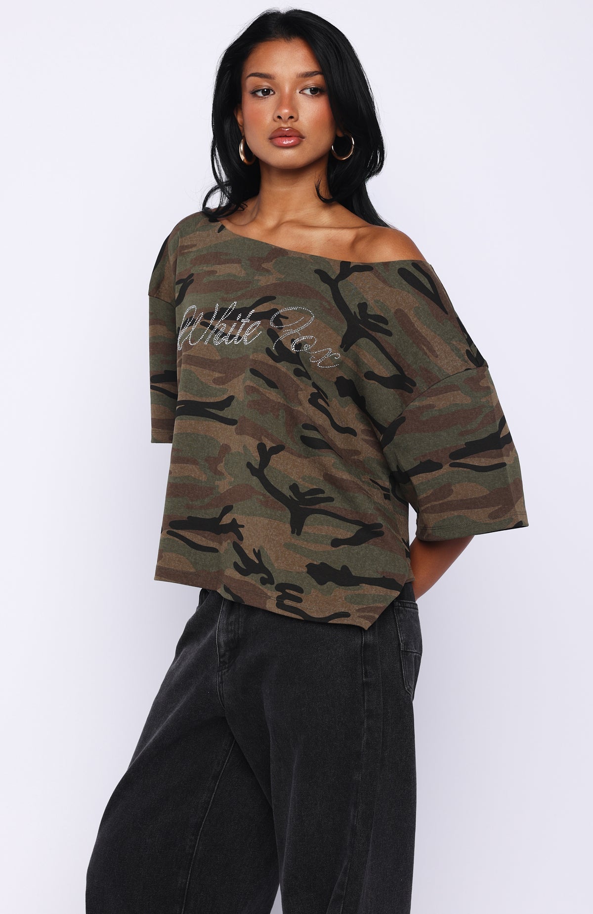 Glisten Up Off Shoulder Oversized Tee Green Camo